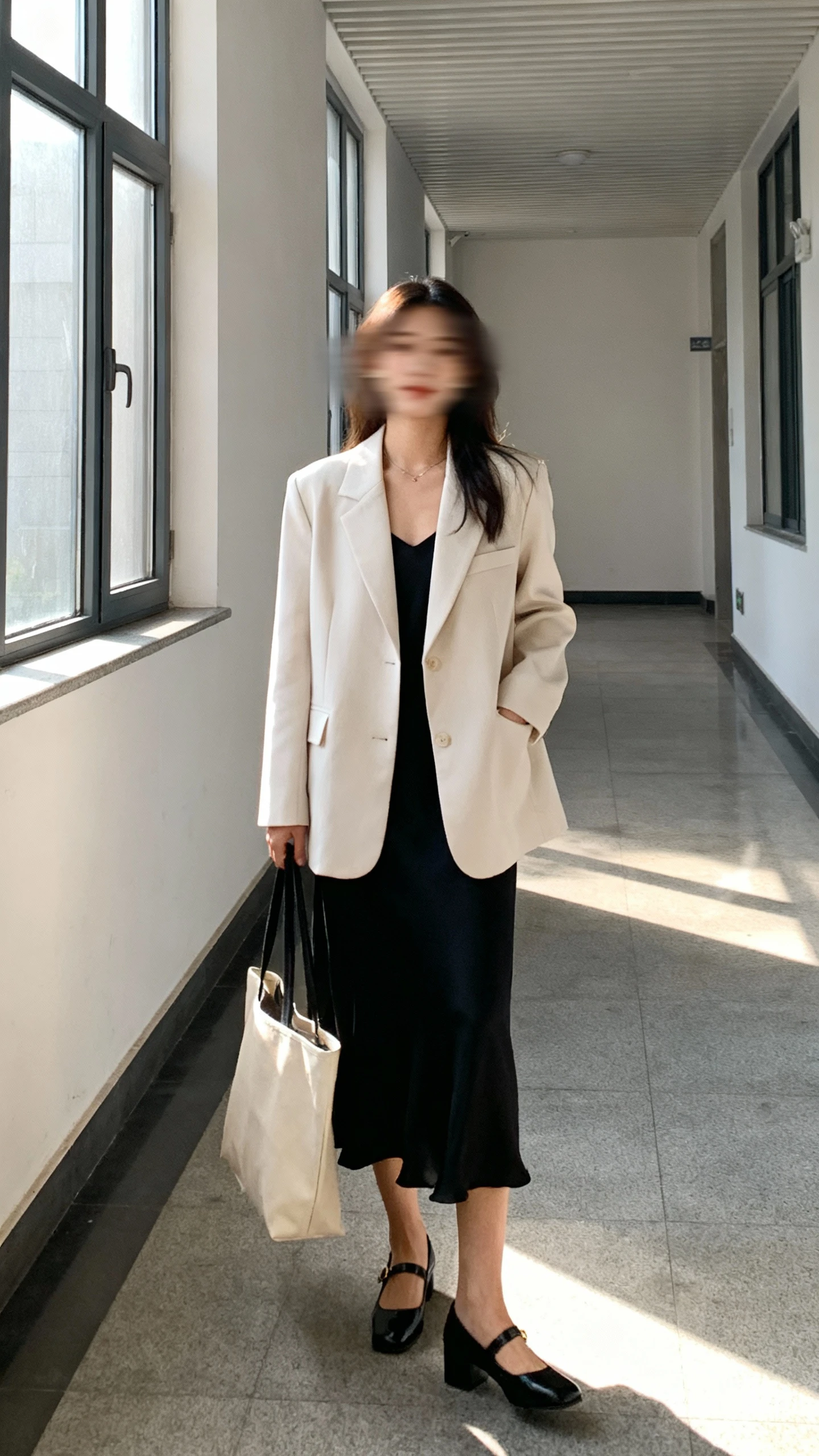Candid office hallway shot of a woman in a soft tailored blazer over a black slip skirt, low block heels, holding a tote, face slightly blurred, window-lit corridor, iPhone photo quality.