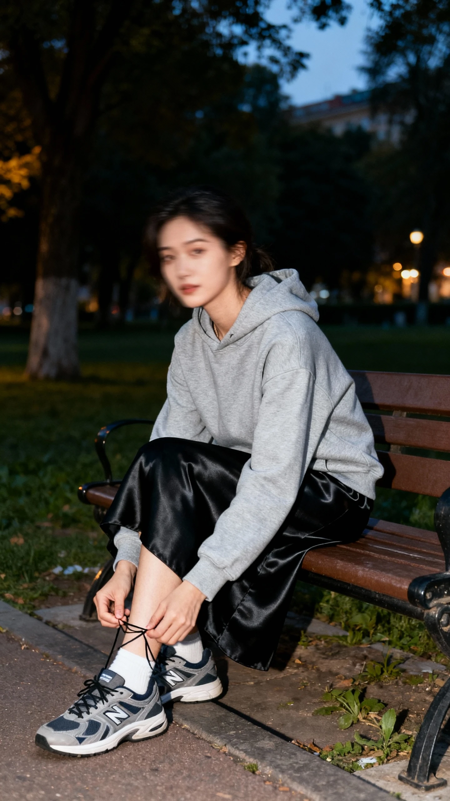 Candid park bench shot of a woman in a minimal gray hoodie with a black satin skirt and sneakers, tying laces, face slightly blurred, evening glow, iPhone photo quality.