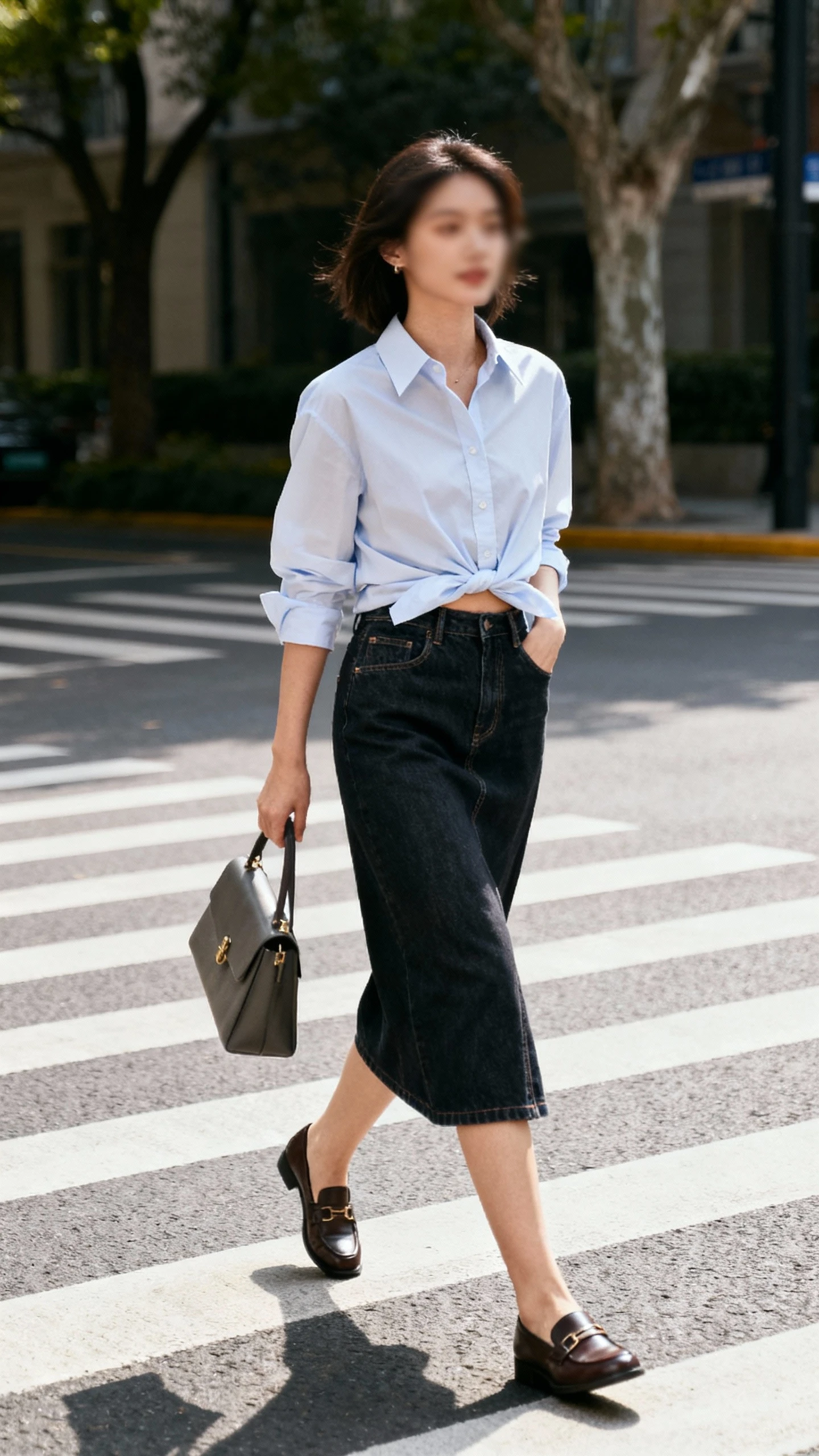 Candid photo of a woman in a crisp button-down shirt half-tucked into a dark-wash denim skirt with loafers and a structured bag, crossing a crosswalk, face slightly blurred, city daylight, casual iPhone aesthetic.