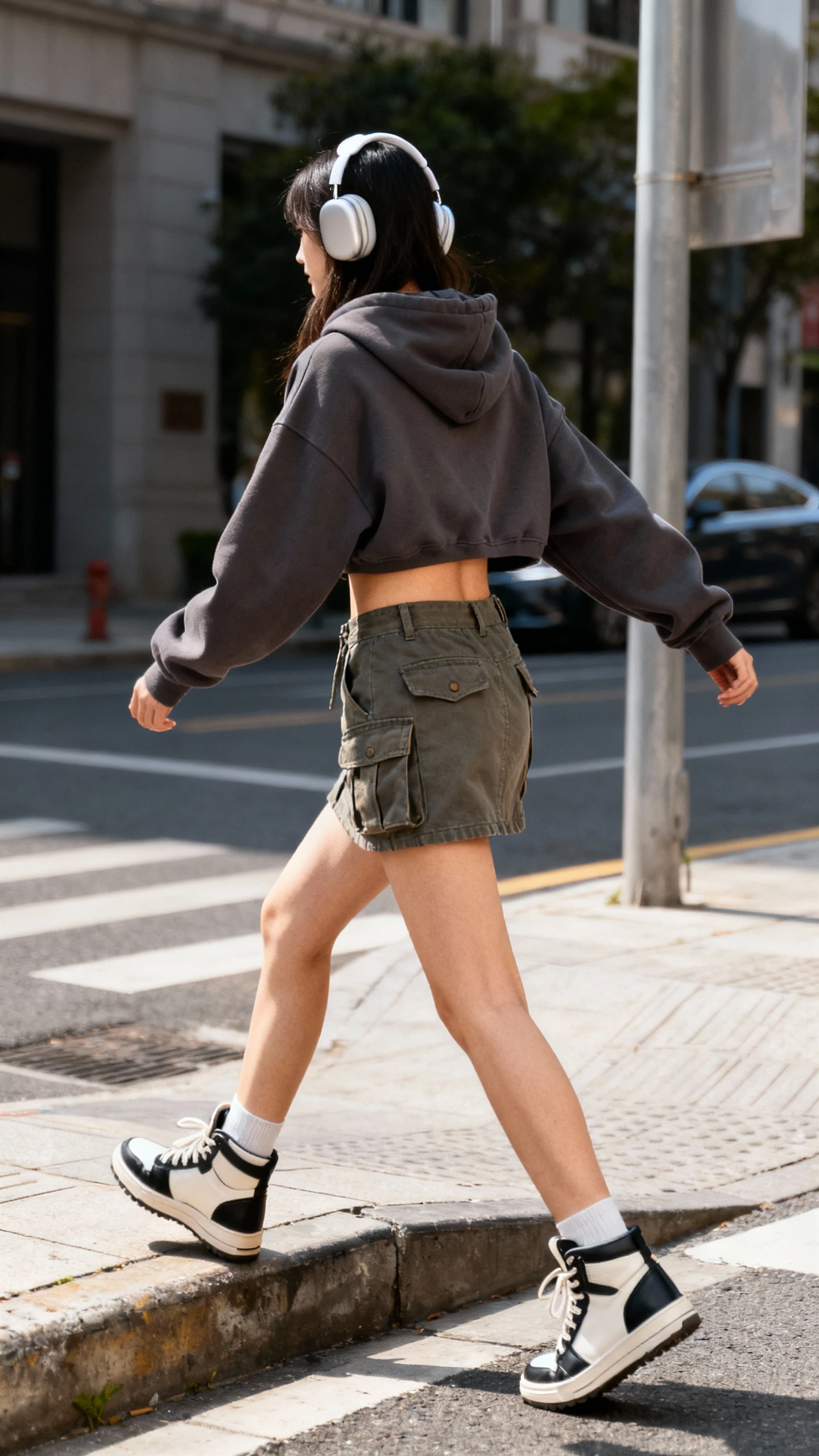 Candid street photo of a woman in a cropped hoodie with a cargo mini skirt and high-top sneakers, stepping off a curb with headphones on, face looking away, urban daylight, iPhone photo quality.