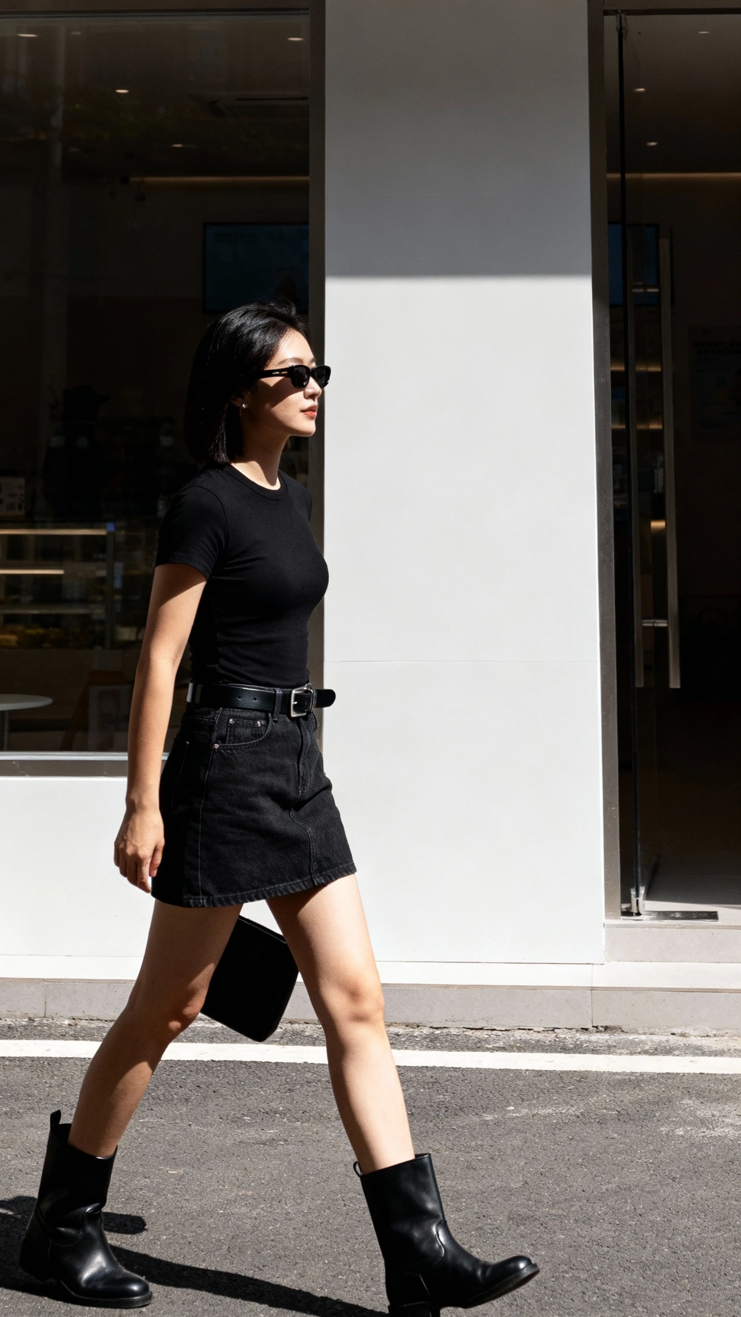 Candid street photo of a woman in an all-black look: black denim skirt, black fitted tee, black belt, and black boots, walking past a storefront, face in shadow, sleek vibe, iPhone photo quality.
