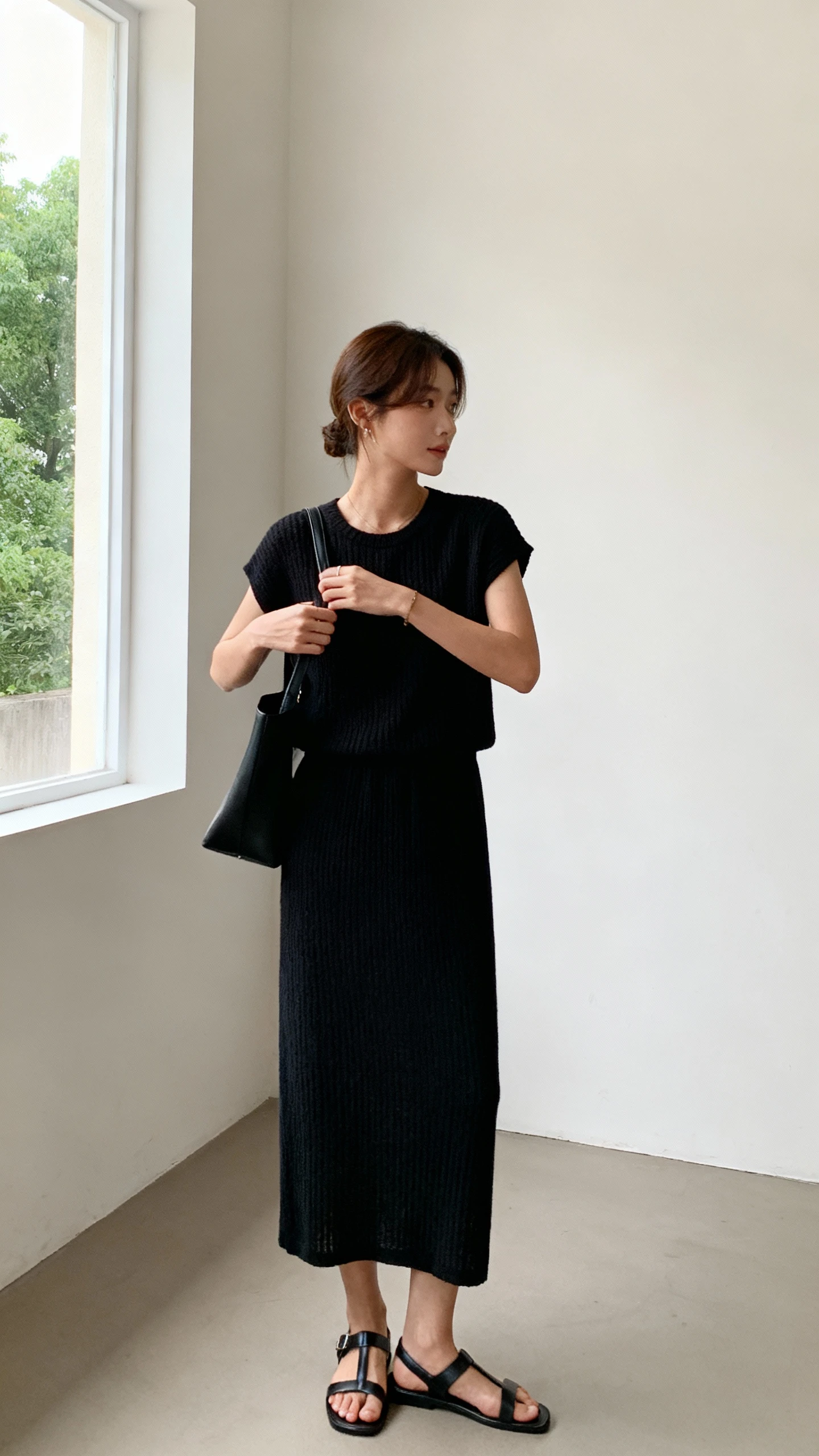 Candid studio-corner photo of a woman in a minimalist matching set: black knit skirt and coordinating top with sleek sandals, adjusting her bag strap, face looking away, soft window light, iPhone photo quality.