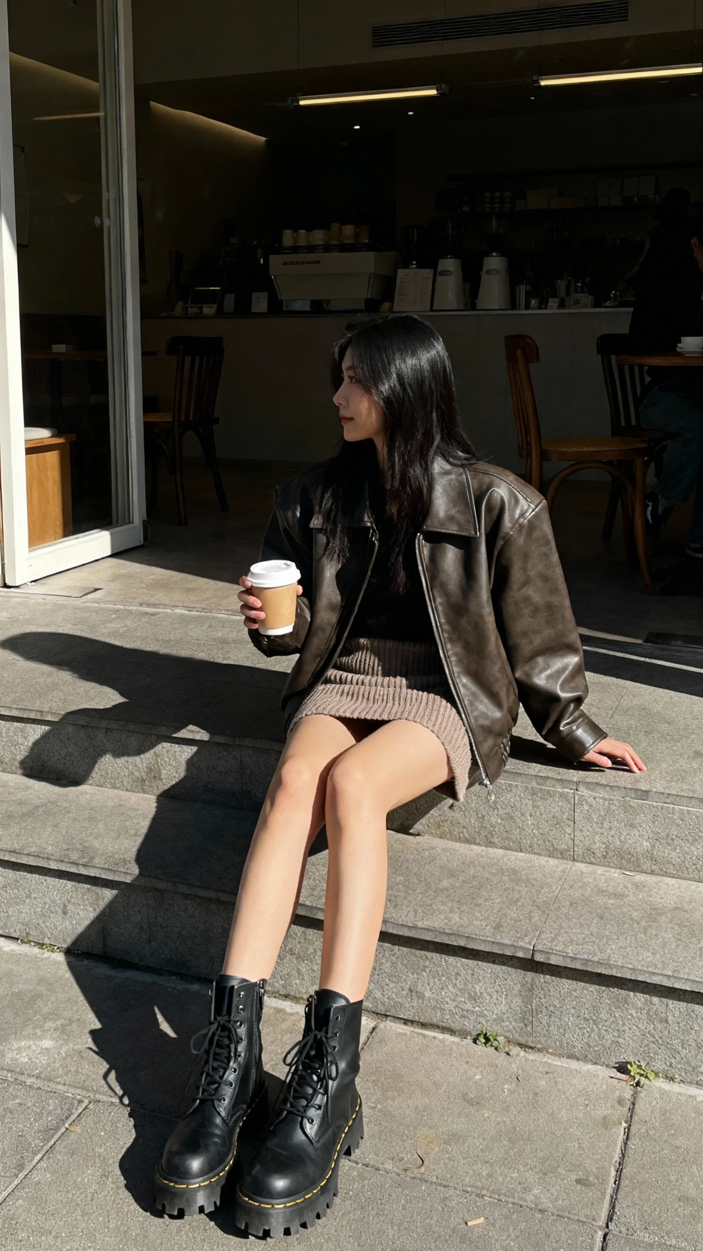 Candid weekend photo of a woman in a boxy moto jacket layered over a knit mini skirt with lug-sole boots, sitting on outdoor cafe steps with a takeaway coffee, face in shadow, cool daylight, iPhone photo quality.