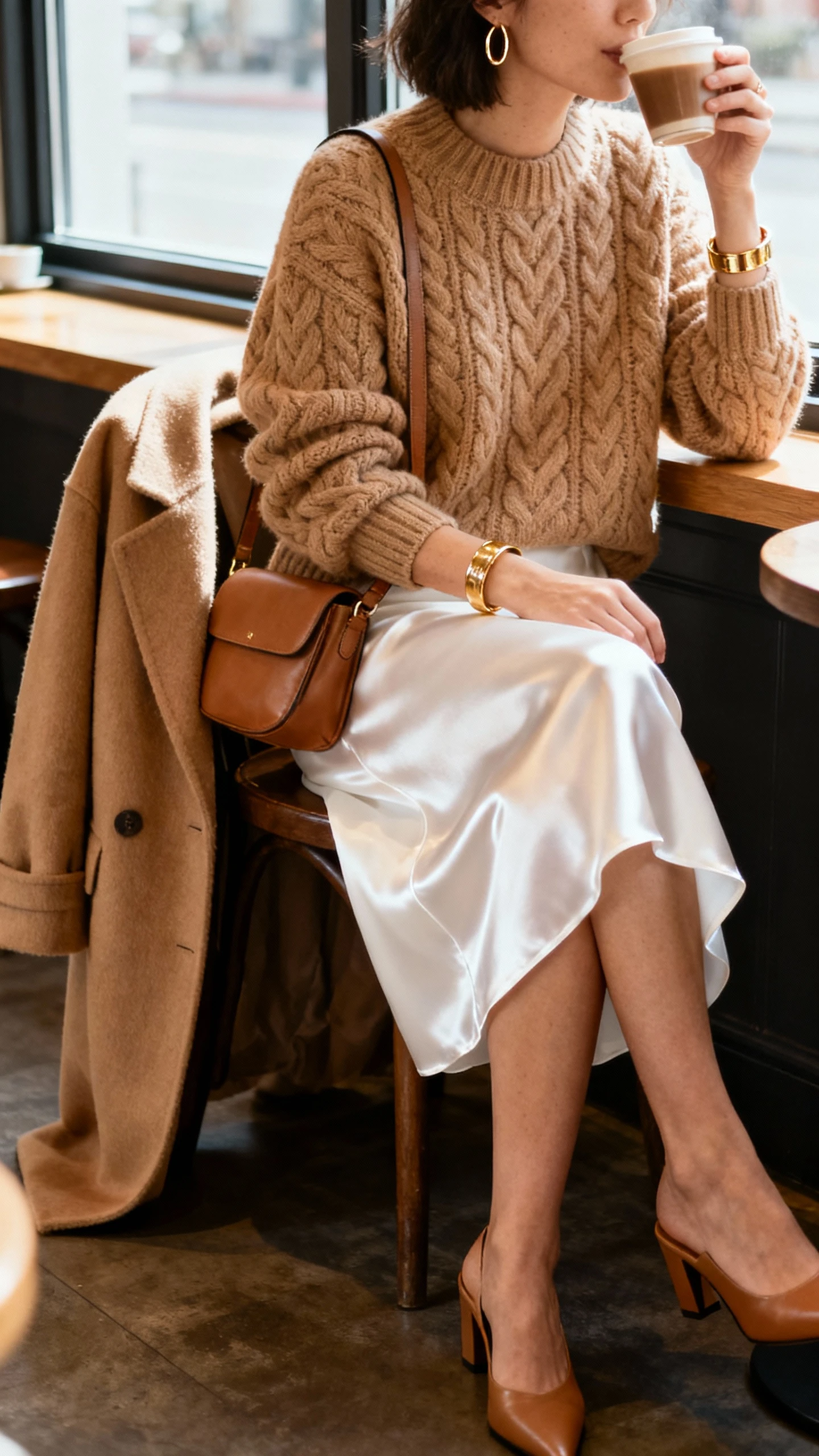 Cozy cafe photo of a woman in a white satin slip skirt, chunky camel cable-knit sweater, heeled mules, medium leather shoulder bag, gold hoops and cuff bracelet, camel wool coat on the chair, sipping coffee by the window, face slightly blurred, warm ambient light, iPhone photo quality.