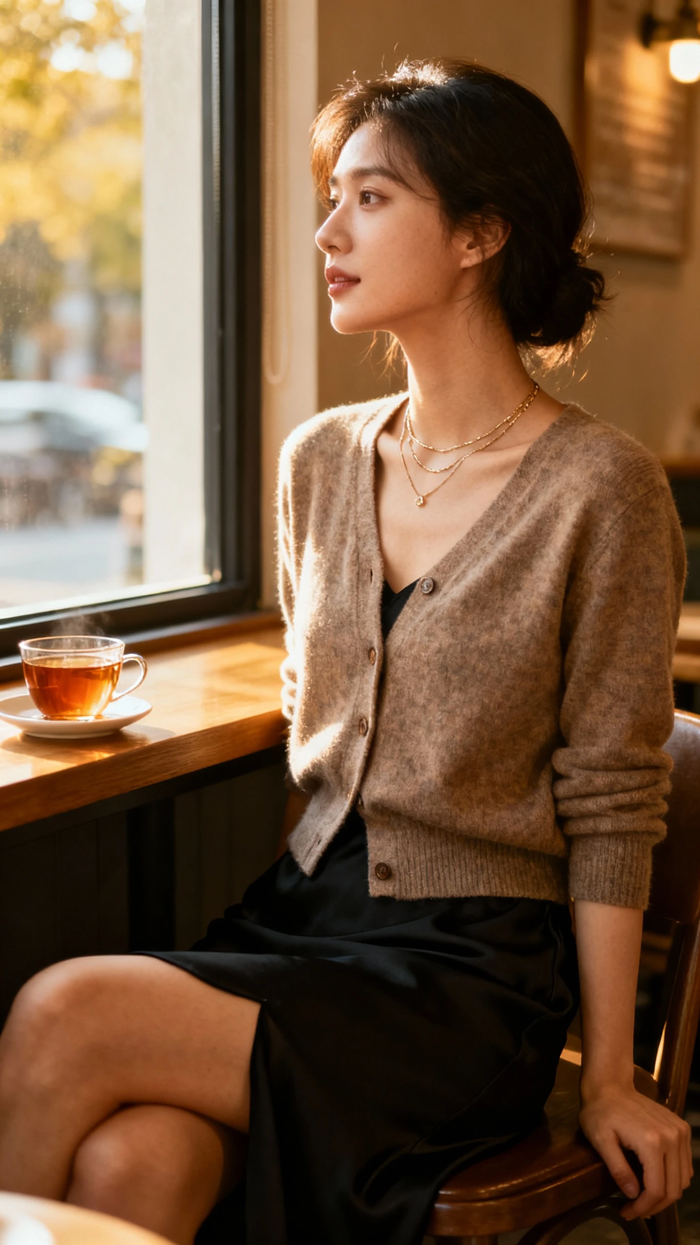 Natural cafe photo of a woman wearing a cardigan-as-top with a black slip skirt and delicate necklaces, seated by a window with tea, face looking away, warm ambient light, casual iPhone aesthetic.