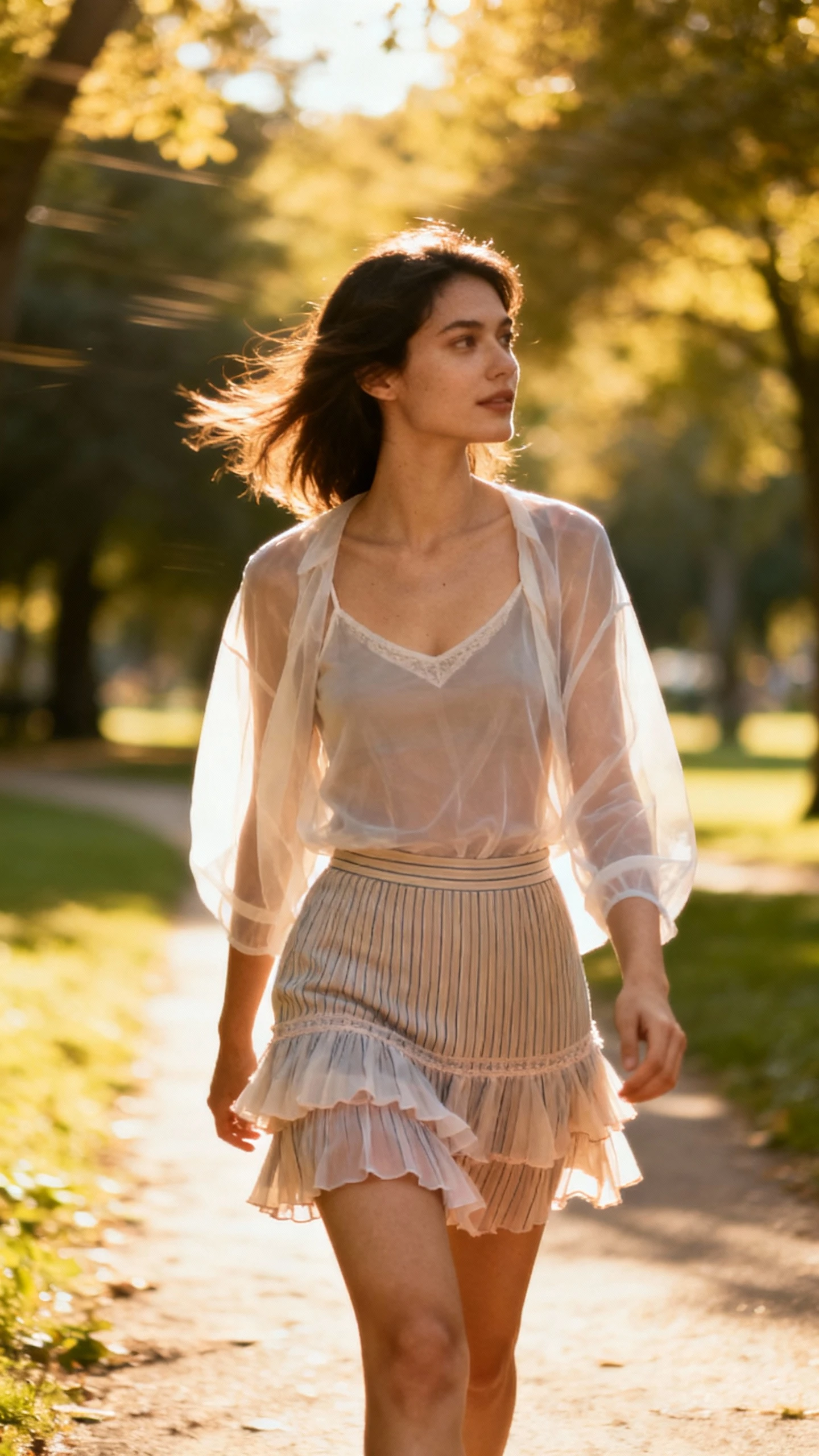 Natural lifestyle photo of a woman wearing a sheer top over a camisole and a lined mini skirt with delicate layers, walking through a sunlit park path, face looking away, gentle breeze, iPhone photo quality.