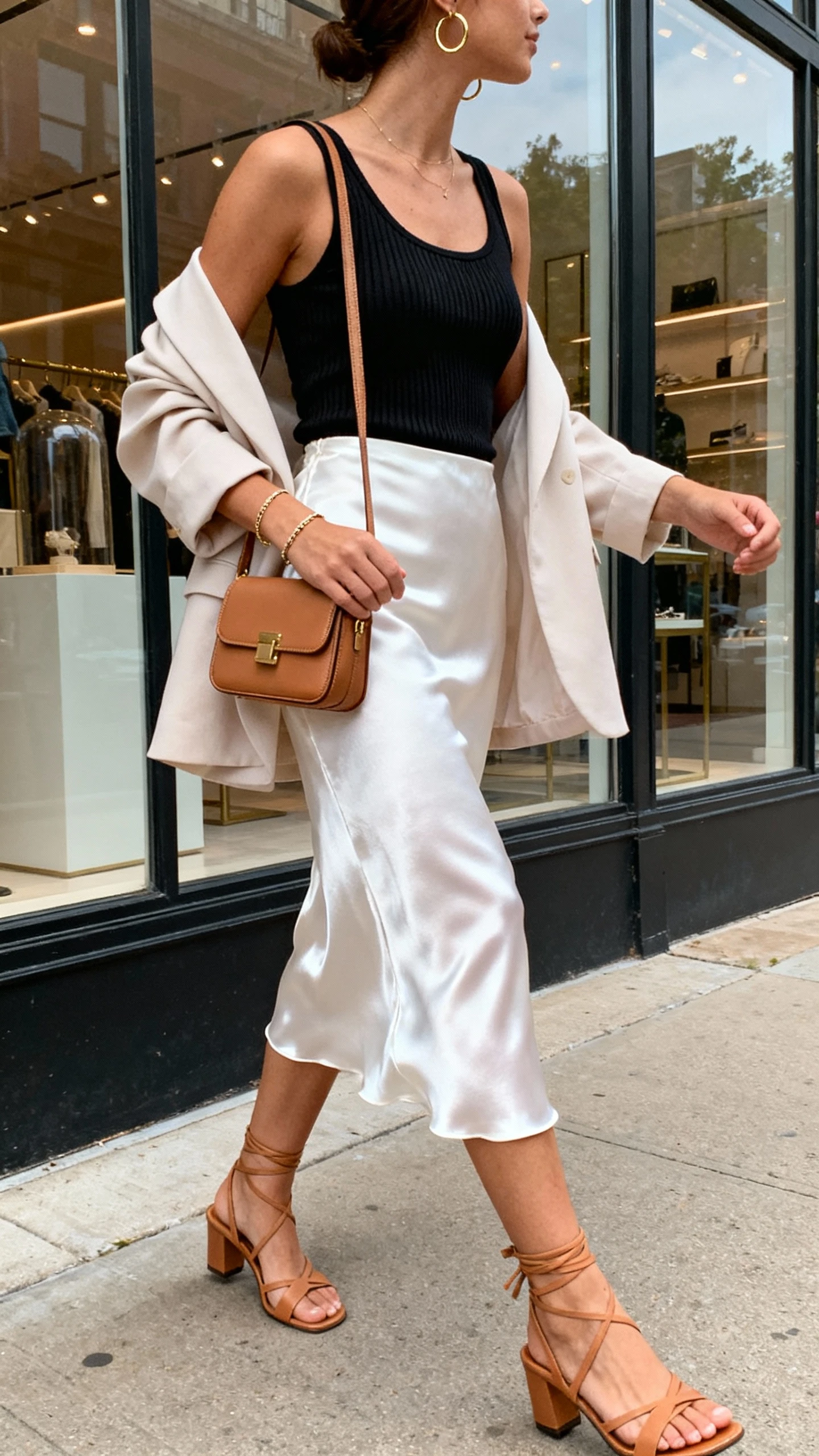 Natural lifestyle photo of a woman wearing a white satin midi slip skirt, fitted ribbed tank in black, strappy tan heeled sandals, structured mini shoulder bag, delicate gold hoops and thin bracelet, soft drapey blazer over her shoulders, walking past boutique windows, face looking away, natural daylight, iPhone photo quality, unstaged.