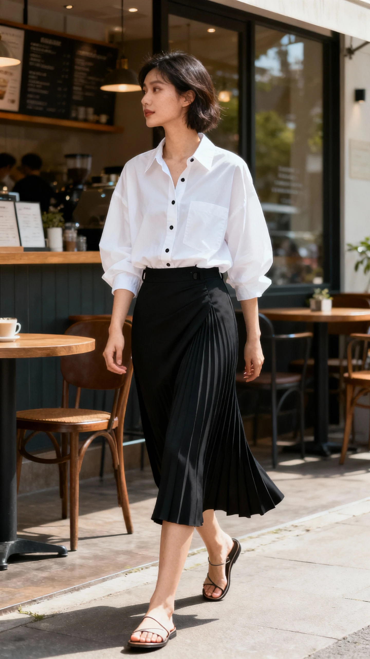 Natural photo of a woman wearing an oversized white button-down tucked into a black bias-cut skirt that sways, minimalist sandals, strolling by a cafe, face looking away, soft morning light, iPhone snapshot.