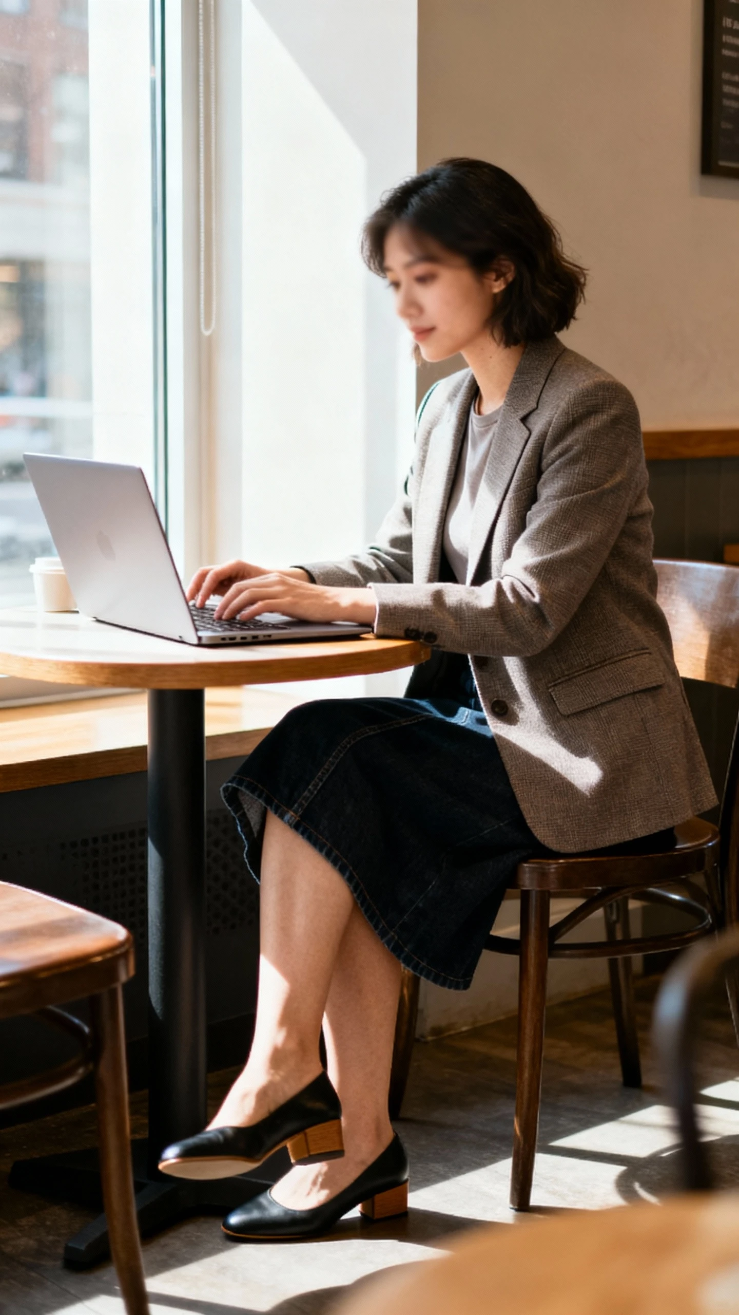 Office-savvy candid of a woman wearing a tailored blazer over a simple top with a dark denim skirt and low block heels, working at a cafe table with a laptop, face slightly blurred, window light, iPhone photo quality.