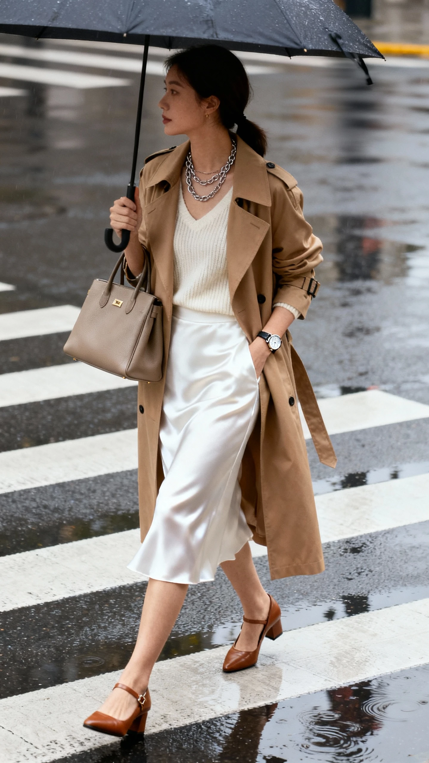 Rainy-day candid of a woman wearing a white satin midi skirt, cream knit shell, classic camel trench coat, leather slingbacks, medium structured tote, fine chain layers and sleek watch, crossing a wet crosswalk under an umbrella, face looking away, moody daylight, iPhone photo quality.