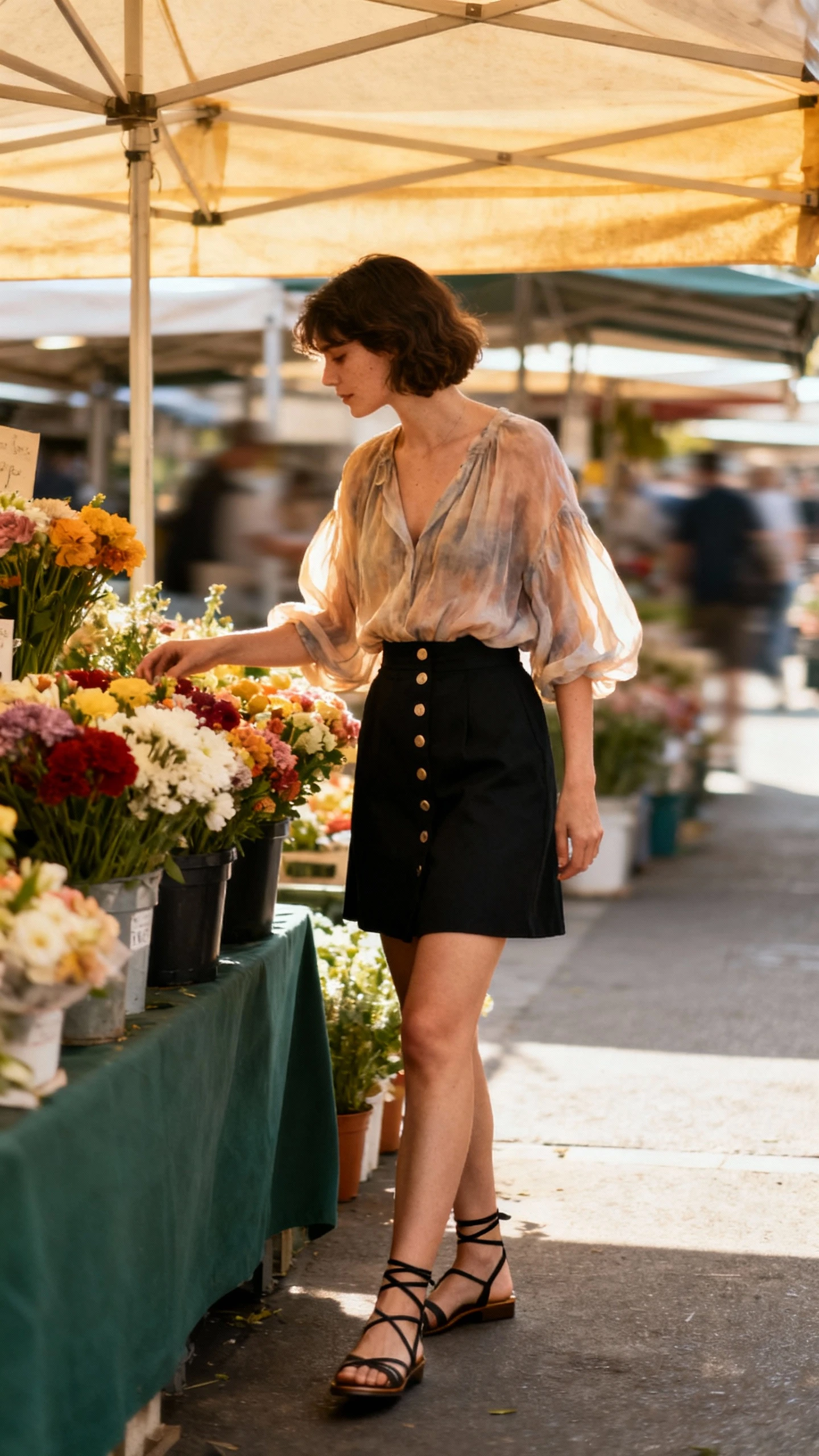Soft candid of a woman in a floaty blouse tucked into a black button-front skirt, strappy flats, browsing flowers at a market, face turned away, morning daylight, iPhone snapshot.