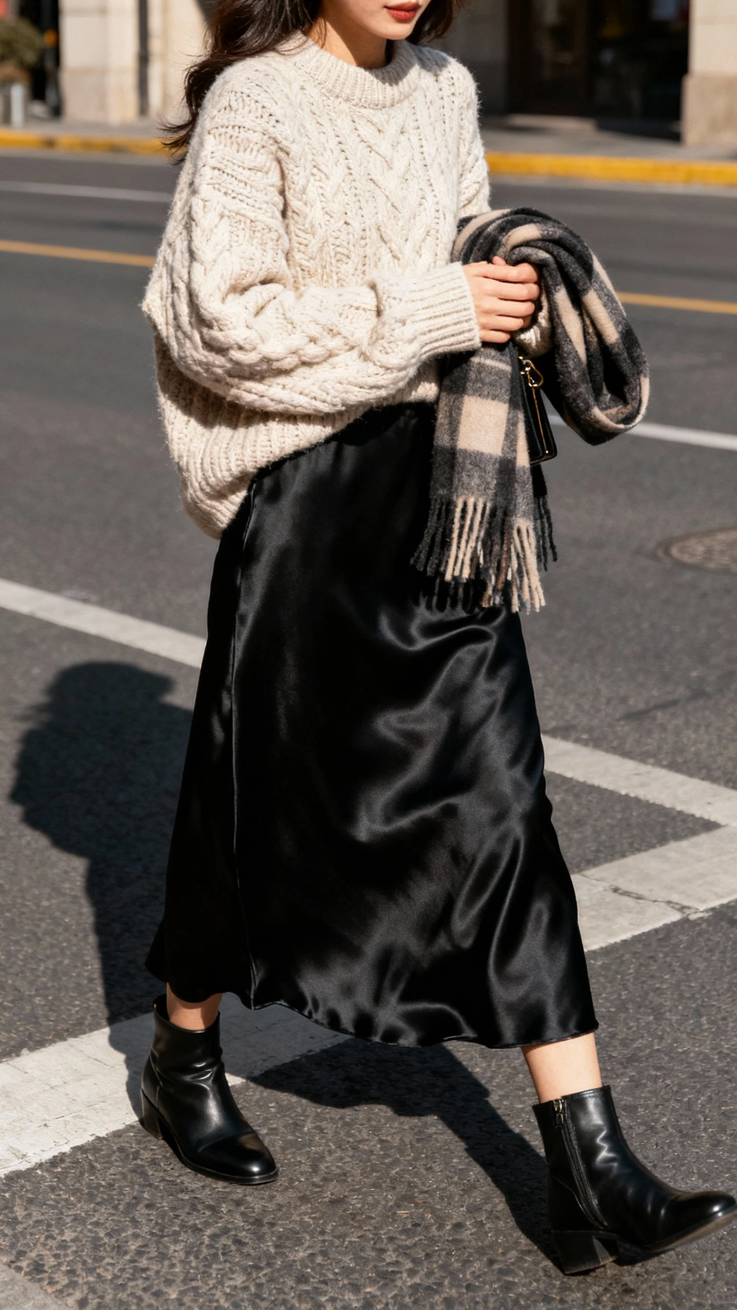 Street-side candid of a woman wearing a chunky knit sweater with a black satin maxi skirt and ankle boots, clutching a scarf, face in shadow, cool winter daylight, iPhone photo quality.
