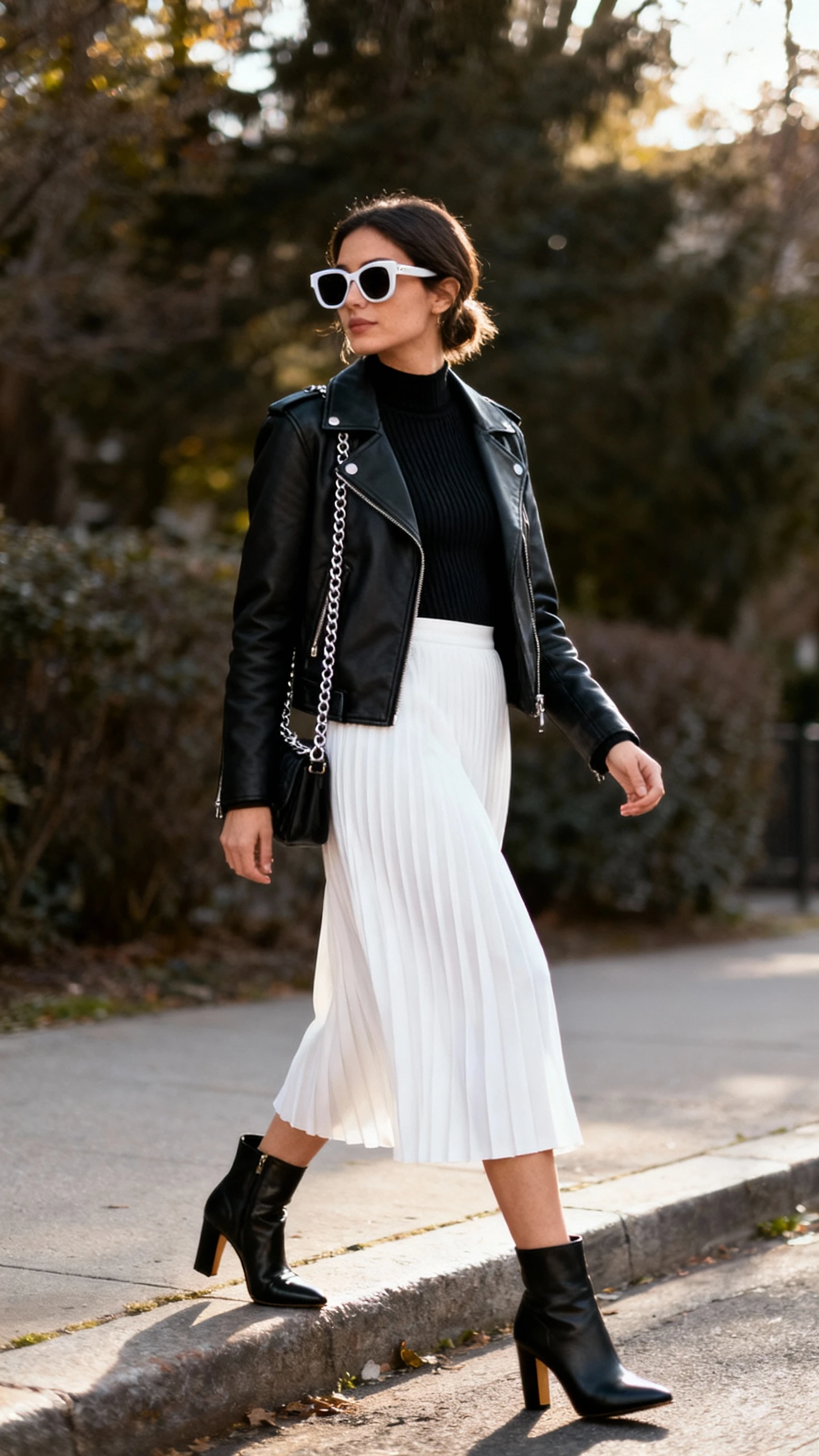 Street-style candid of a woman wearing a white pleated midi skirt, black moto jacket, fitted black knit bodysuit, heeled ankle boots, chain-detail crossbody, statement sunglasses, stepping off a curb, face looking away, afternoon light, iPhone photo quality.