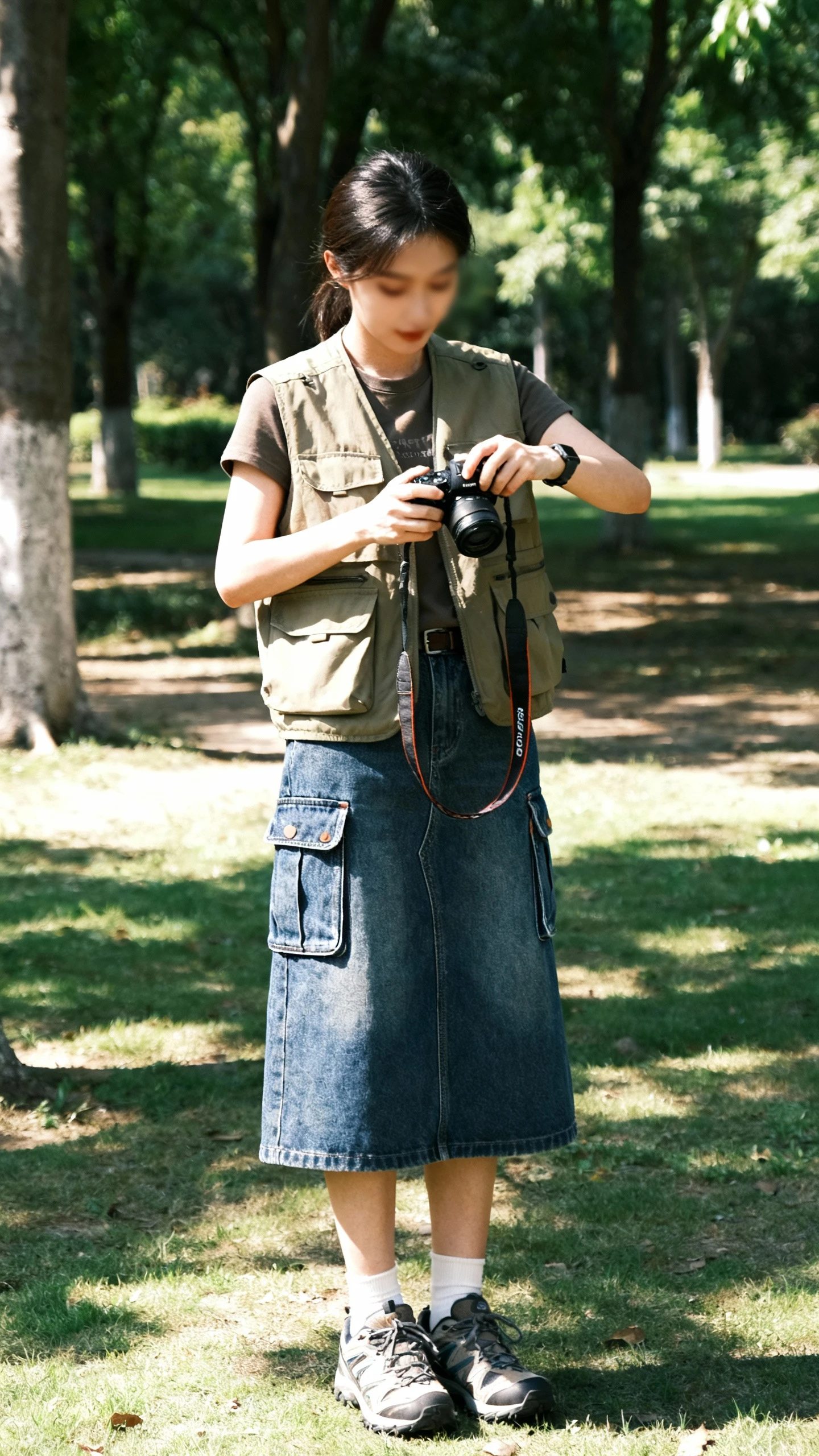 Weekend-ready candid of a woman wearing a utility vest over a tee with a pocketed denim skirt and trail sneakers, adjusting a camera strap in a park, face slightly blurred, dappled daylight, iPhone photo quality.