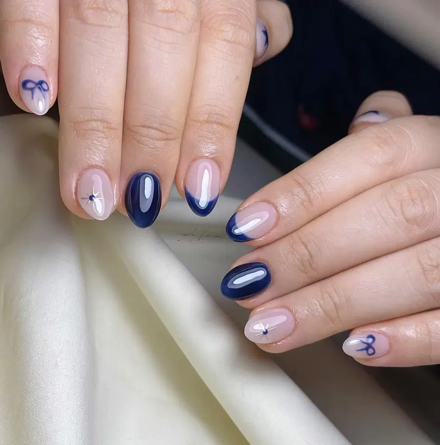 Deep Navy Blue French Tip Nails With Minimal Accent Details