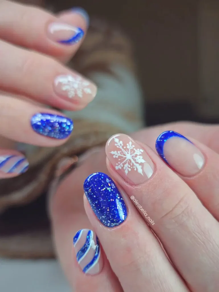 Glitter Blue French Tips With Snowflake Accent Details