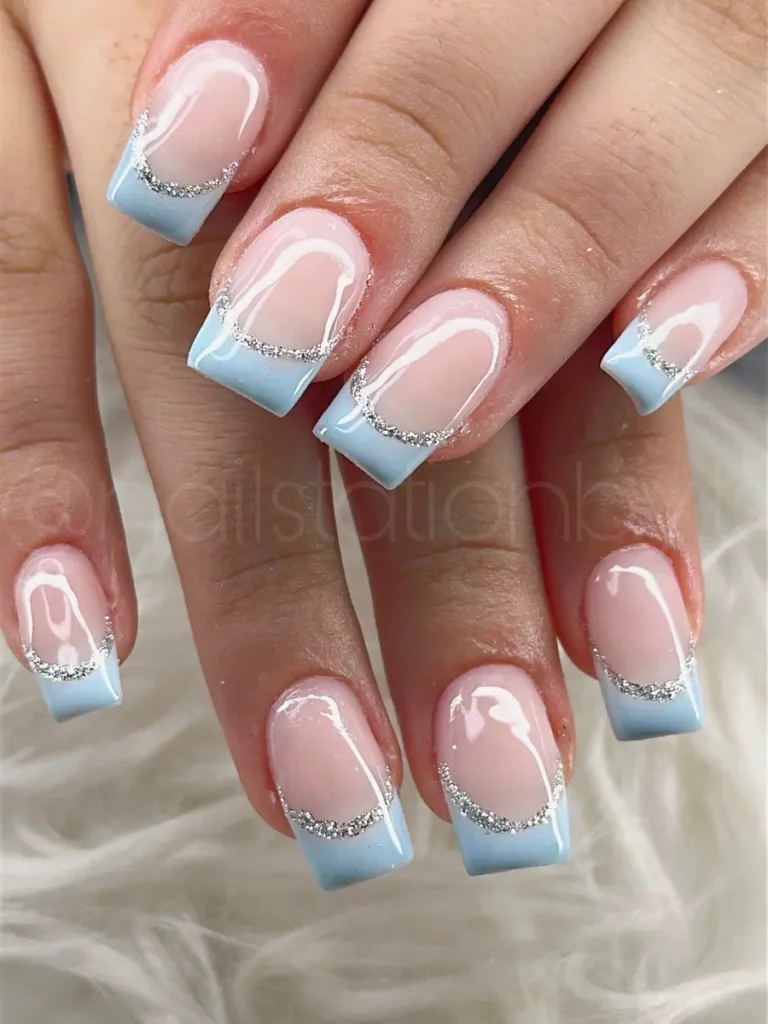 Soft Baby Blue French Tips With a Delicate Silver Curve
