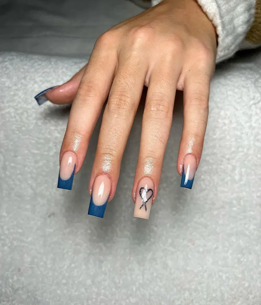 Deep Blue Blue French Tip Nails Square Minimal Heart Accent