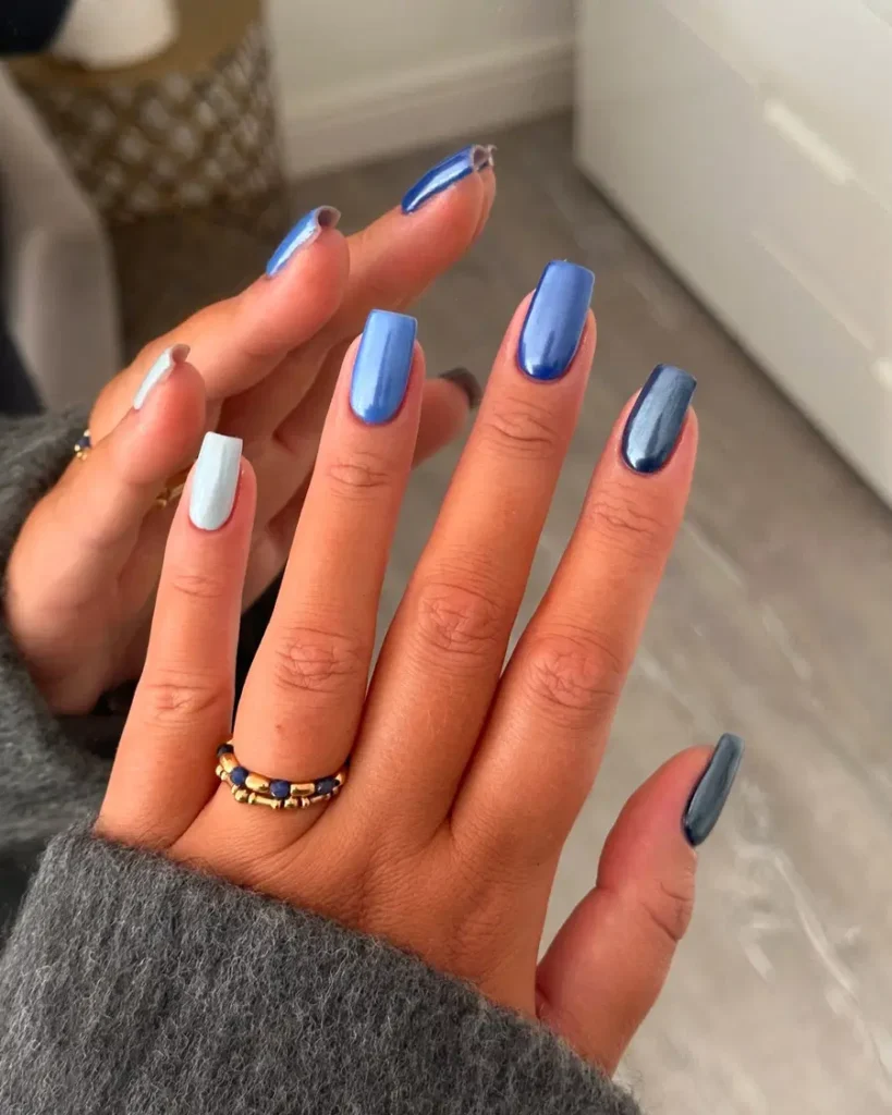 Blue Chrome Nails With Soft Mixed Blues and a Minimal Finish