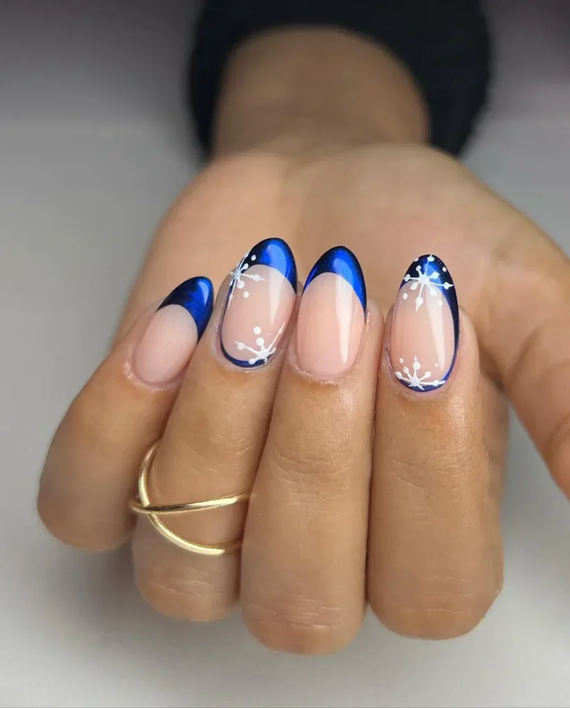 Deep Blue Chrome French Tips With Delicate White Accents