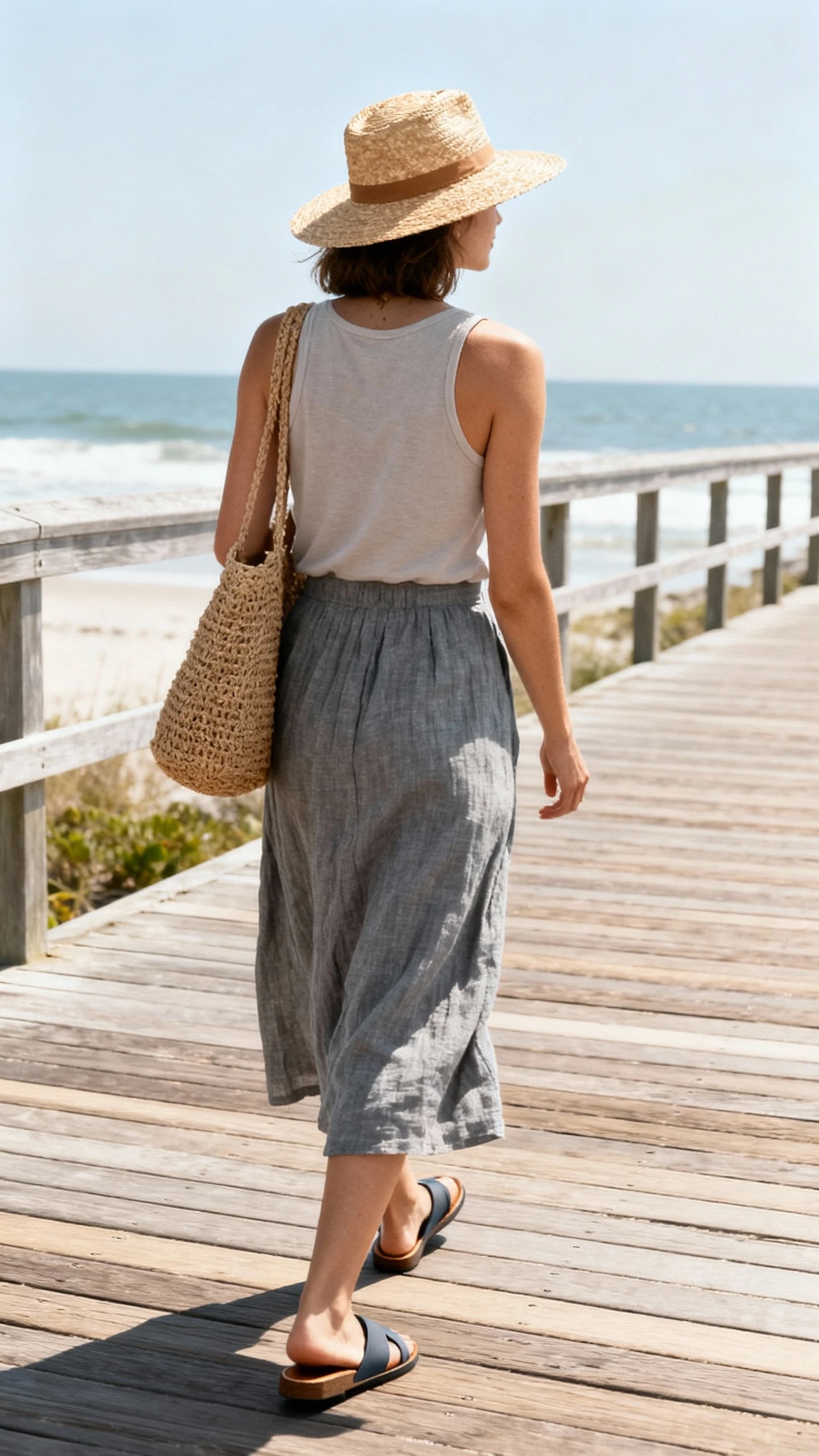 Airy summer snapshot of a woman in a grey linen skirt, simple tank, slide sandals, straw hat and woven bag, strolling along a boardwalk, face turned away, sunny coastal light, iPhone photo quality.