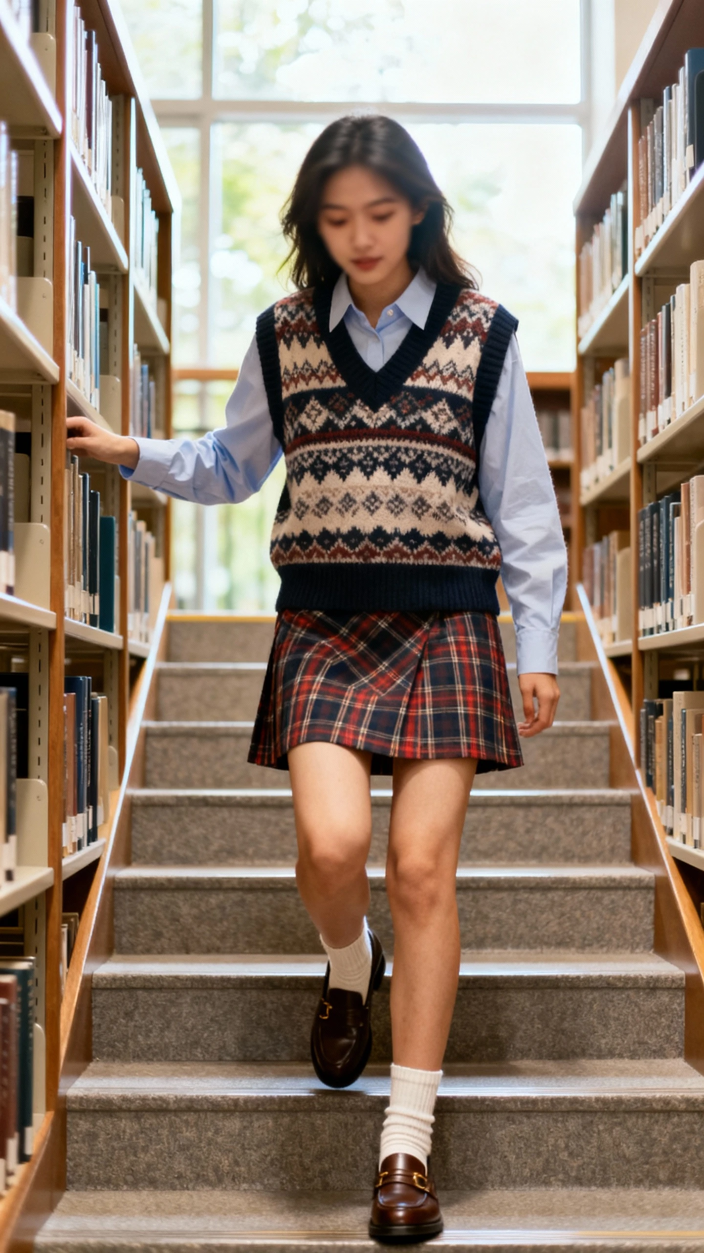 Candid campus-style photo of a woman wearing a plaid skirt with a statement sweater vest layered over an Oxford shirt, loafers and socks, climbing library steps, face slightly blurred, soft daylight, iPhone photo quality.