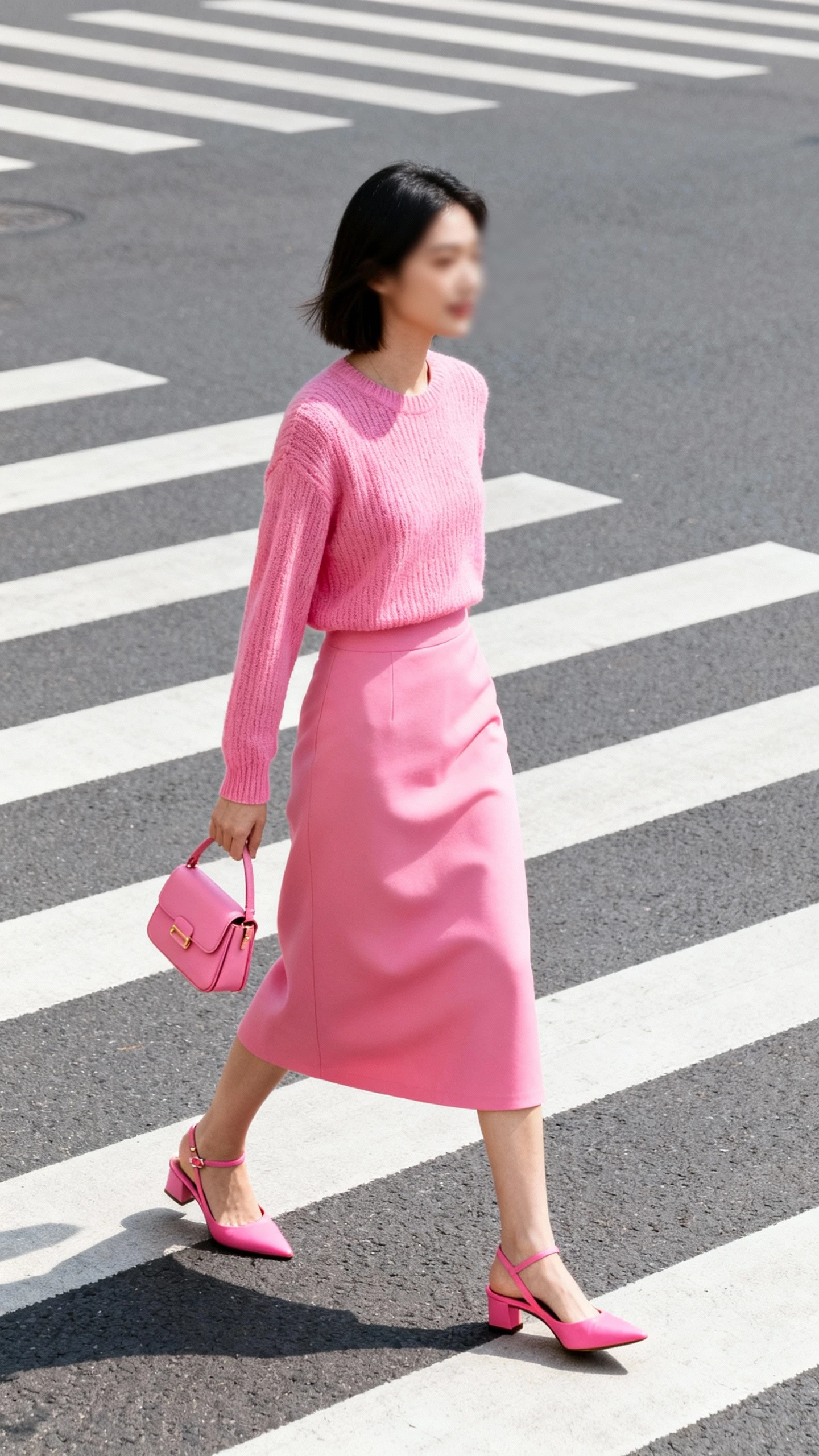 Candid city shot of a woman in a monochrome pink set—pink knit top and matching pink skirt—with pink slingbacks and a tonal mini bag, crossing a crosswalk, face slightly blurred, natural daylight, iPhone photo quality.