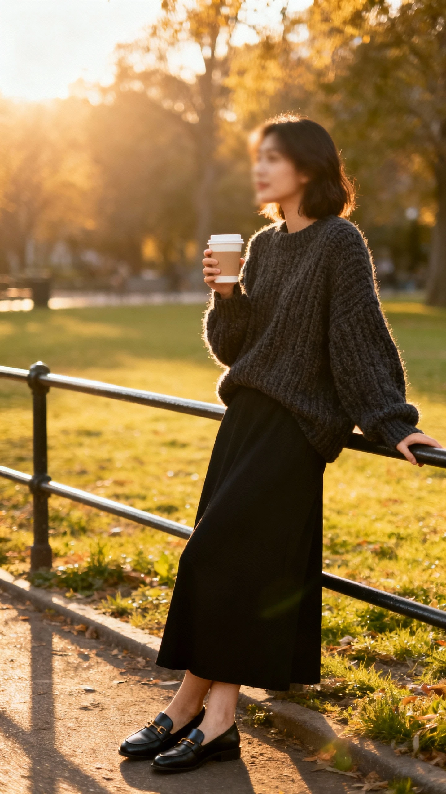 Candid photo of a woman in a black maxi skirt with an oversized chunky knit sweater and loafers, leaning on a park railing with coffee in hand, face slightly blurred, golden-hour light, casual iPhone aesthetic.