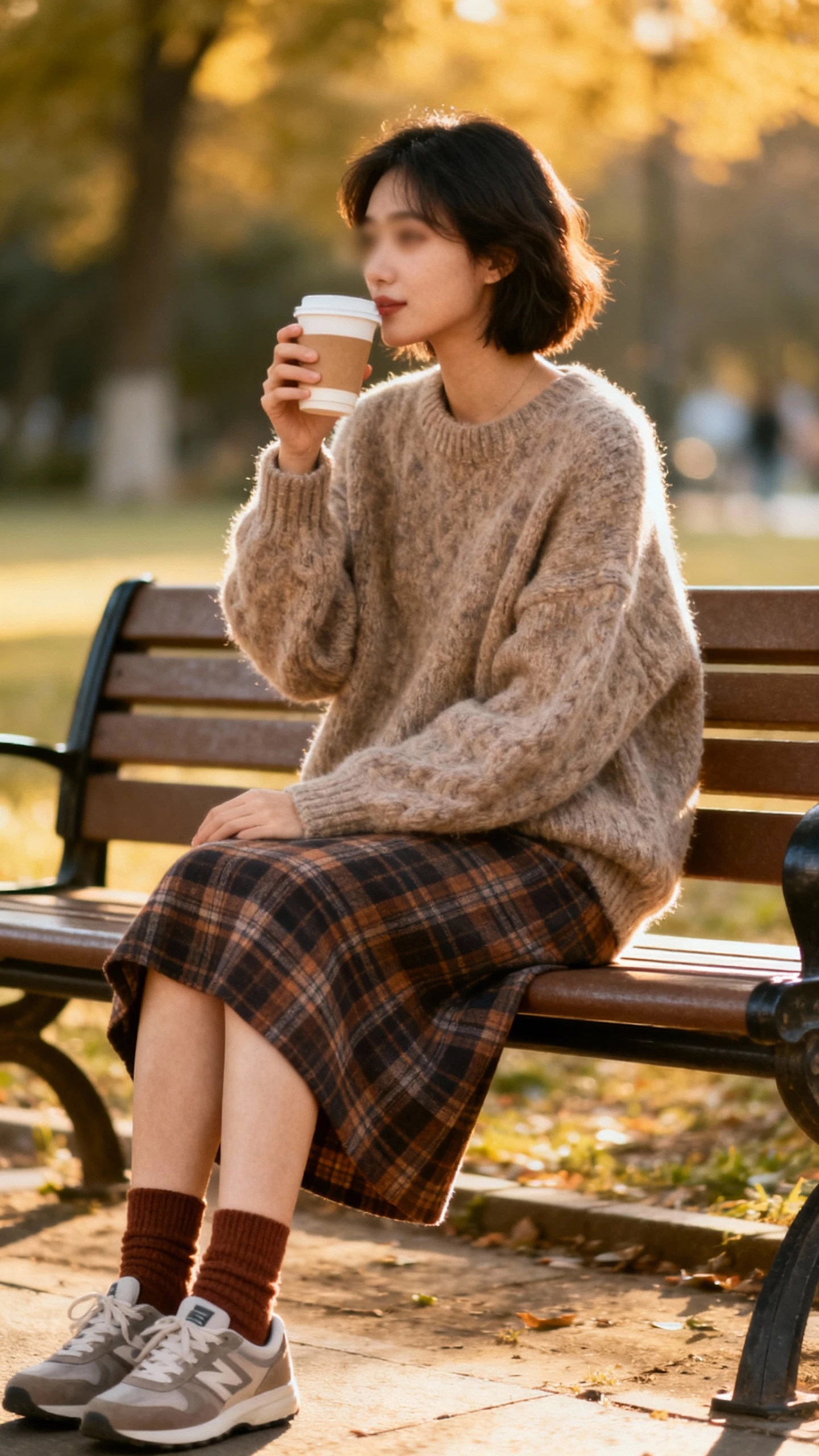 Candid photo of a woman in a plaid skirt with an oversized chunky sweater, ankle socks and sneakers, holding a coffee on a park bench, face slightly blurred, soft afternoon light, casual iPhone aesthetic.