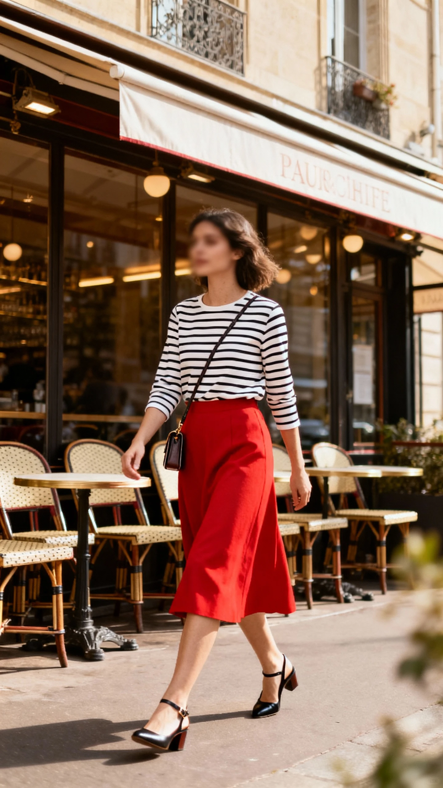 Candid photo of a woman in a red midi skirt with classic black-and-white Breton stripes tucked in, slingback flats and a small crossbody, strolling past a Parisian-style cafe, face slightly blurred, soft morning light, casual iPhone aesthetic.