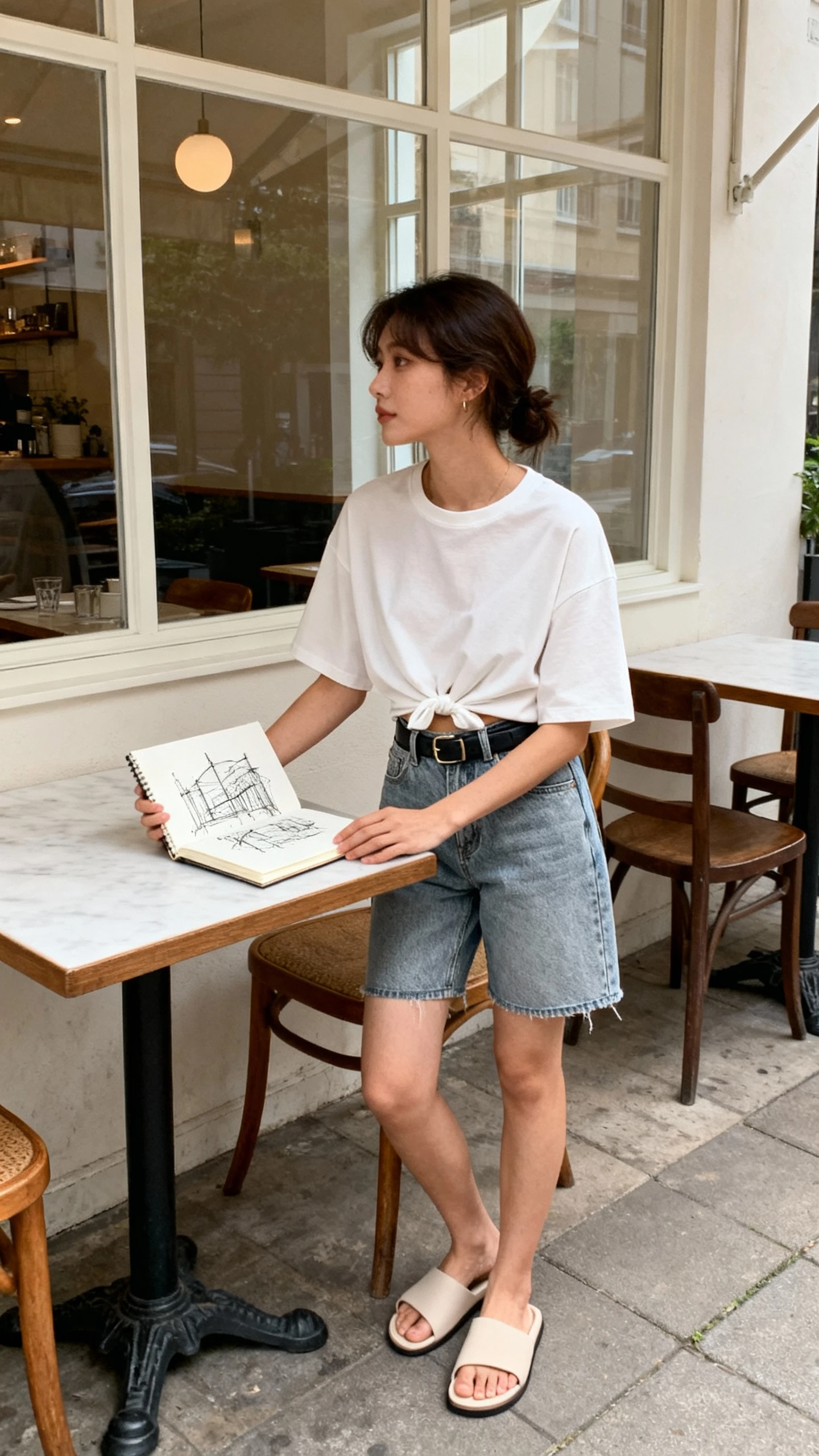 Candid photo of a woman in an oversized tee half-tucked into belted mid-wash denim shorts with minimalist slide sandals, sketchbook in hand at an outdoor cafe table, face looking away, gentle window light, iPhone aesthetic.