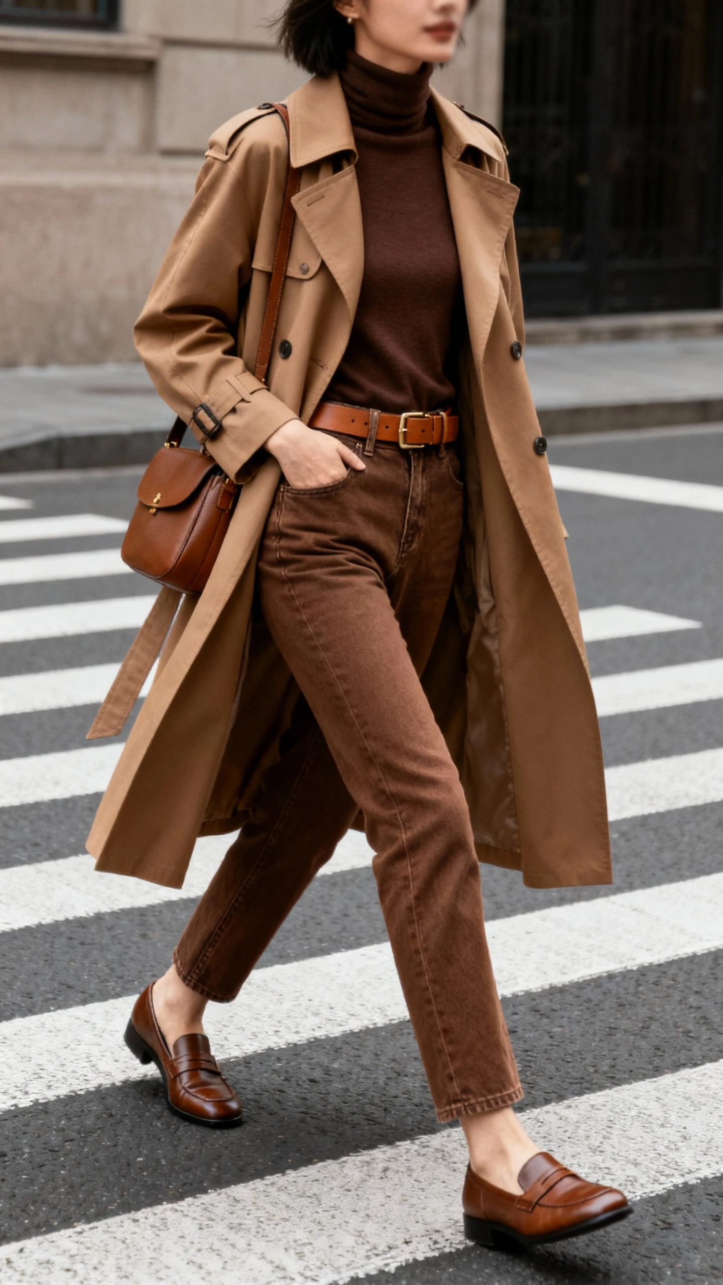 Candid photo of a woman in monochrome brown layers: chocolate turtleneck, camel trench, brown jeans, brown loafers, tonal belt and bag, crossing a city crosswalk, face slightly blurred, overcast natural light, casual iPhone aesthetic.