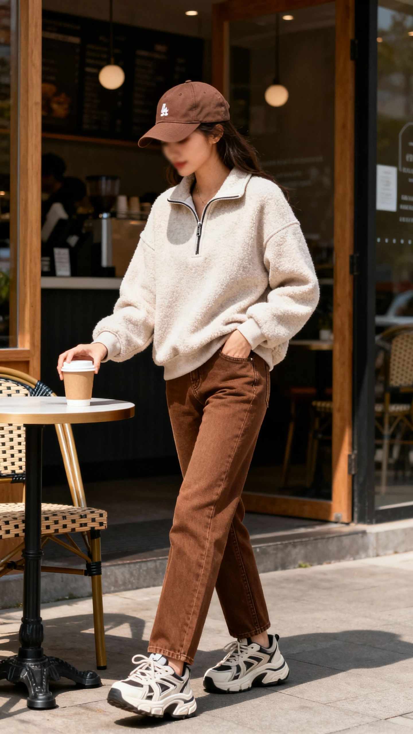 Candid photo of a woman wearing a cozy half-zip sweatshirt, brown jeans, chunky sneakers, baseball cap, grabbing coffee to-go, face slightly blurred, bright daylight, casual iPhone aesthetic.