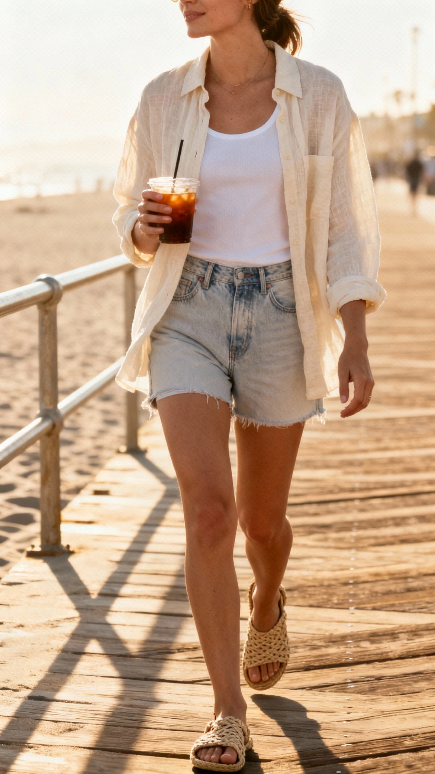 Candid photo of a woman wearing a cream linen shirt layered over a white tank with light-wash denim shorts and woven sandals, strolling near the beach boardwalk holding an iced drink, face slightly blurred, golden daylight, iPhone aesthetic.