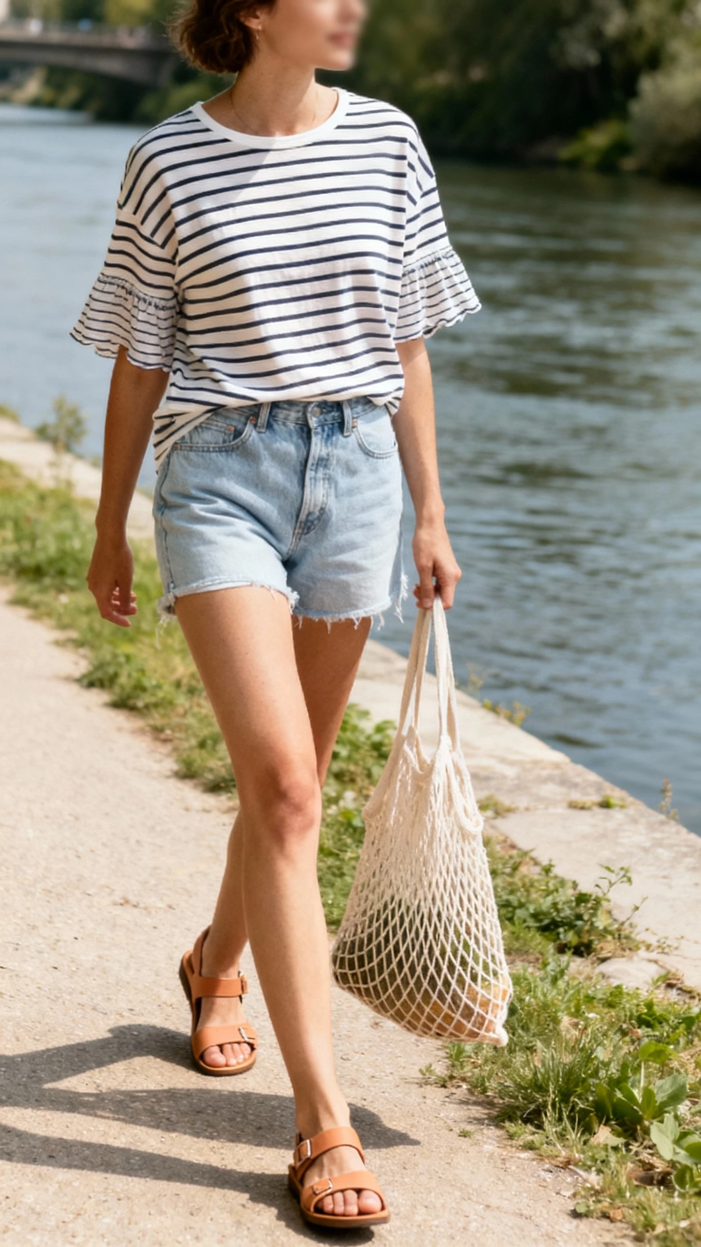 Candid photo of a woman wearing a lightweight striped Breton tee with breezy fabric and light-wash denim shorts, tan sandals, strolling along a riverside path with a mesh market bag, face slightly blurred, soft daylight, casual iPhone aesthetic.