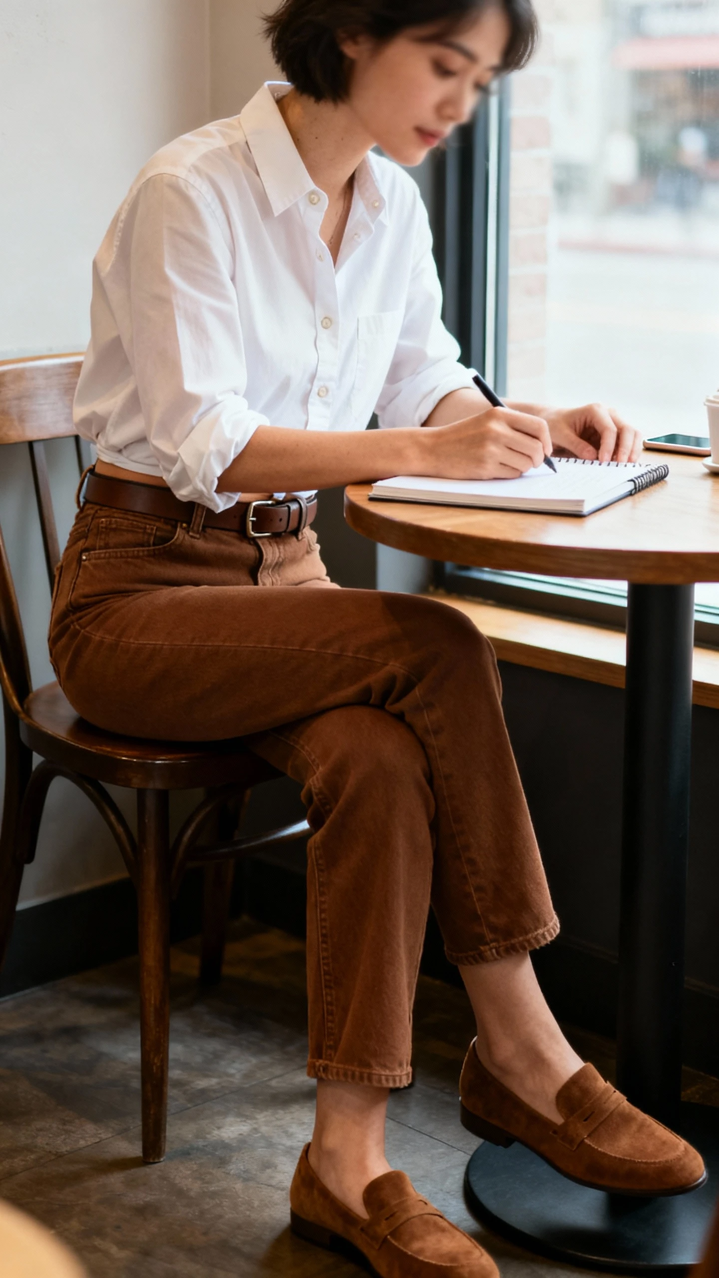 Candid photo of a woman wearing a white button-down half-tucked into brown jeans, sleeves rolled, slim belt, suede loafers, working at a cafe table with a notebook, face slightly blurred, soft window light, iPhone photo quality.