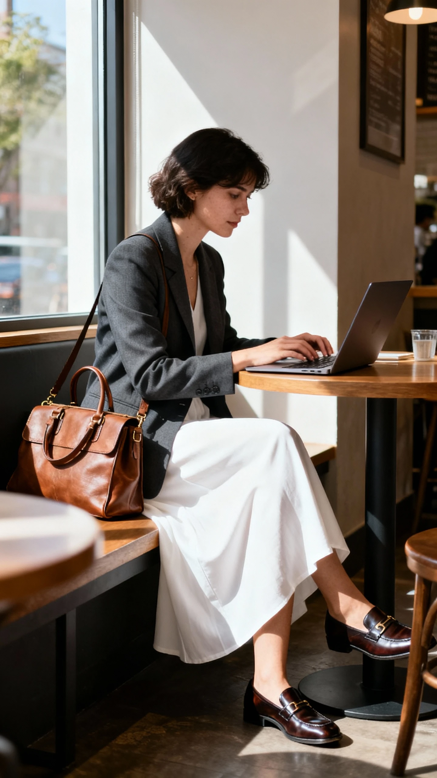 Candid photo of a woman wearing a white maxi skirt with a structured charcoal blazer, polished loafers, and a leather work tote, typing on a laptop at a cafe table, face in shadow, natural window light, iPhone photo quality.
