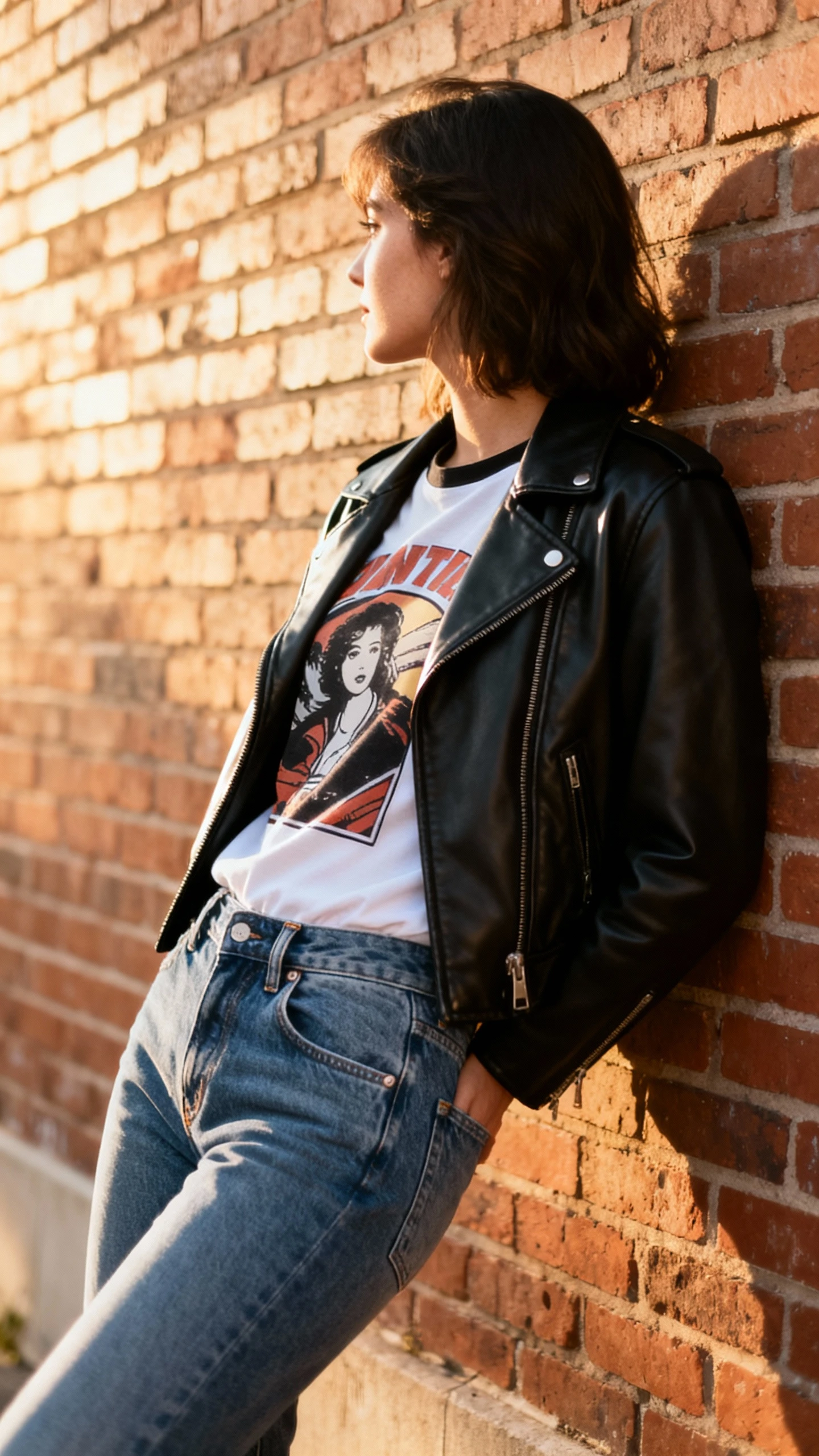 Candid photo of a woman wearing low-rise jeans with a graphic tee and a black leather jacket, leaning against a brick wall, face looking away, late-afternoon light, iPhone photo quality.