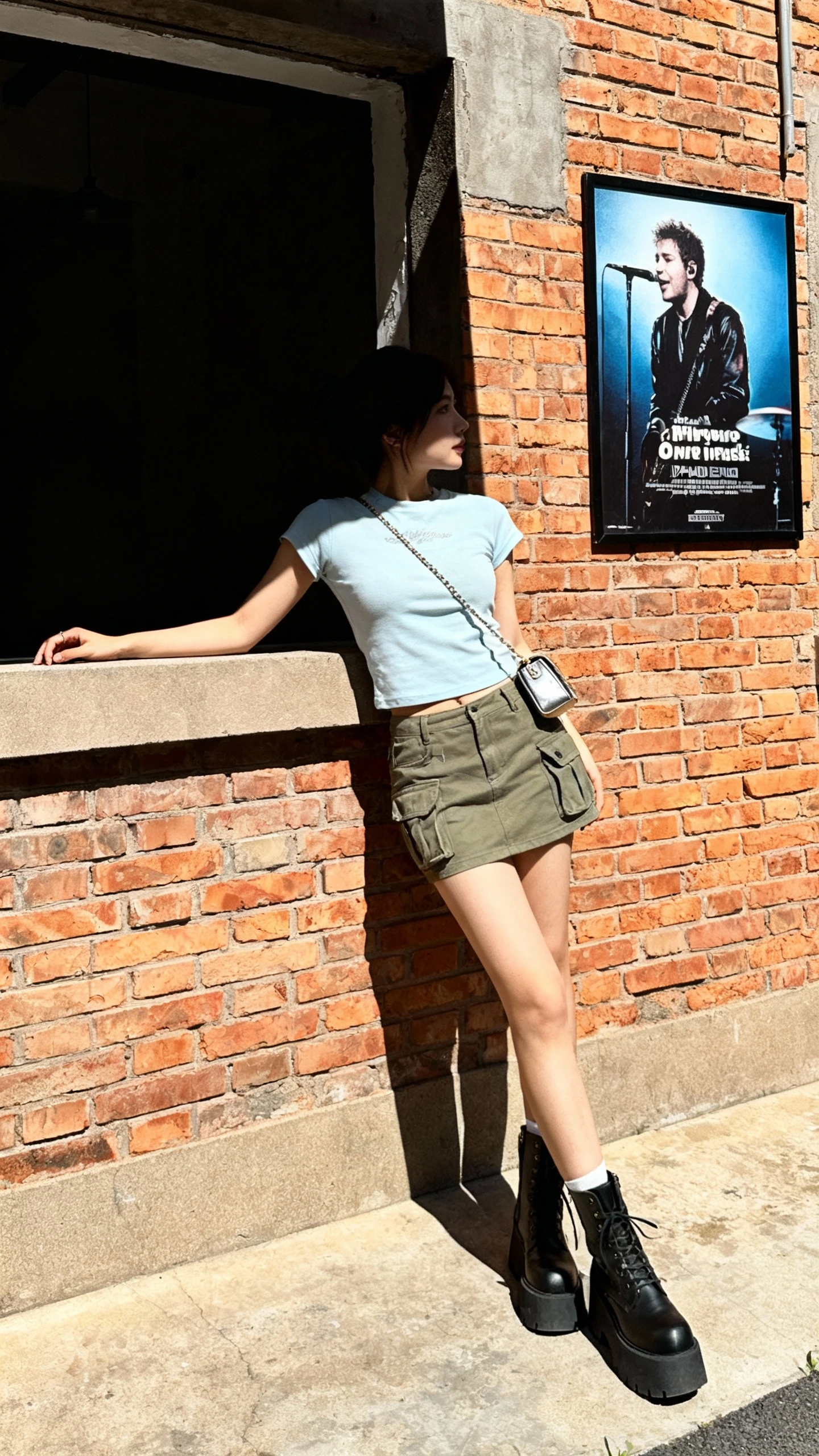 Candid shot of a woman in a Y2K cargo mini, baby tee, and platform boots with tiny shoulder bag, leaning on a brick wall by a music poster, face in shadow, afternoon daylight, iPhone photo look.