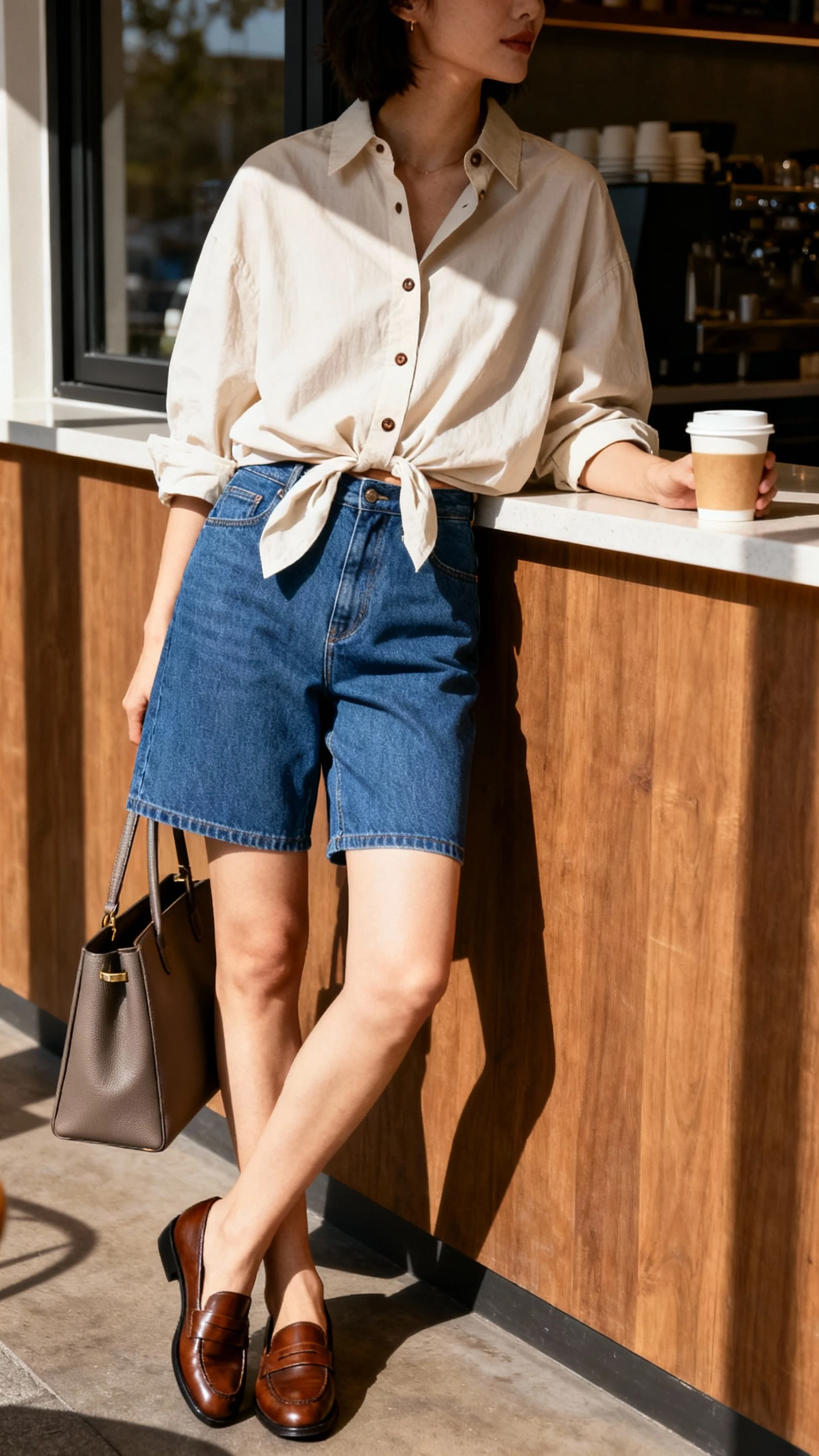 Candid shot of a woman wearing an oversized cotton button-down half-tucked into tailored blue jean shorts, leather loafers, and a structured tote, leaning against a cafe counter with coffee, face in shadow, ambient window light, iPhone photo quality.