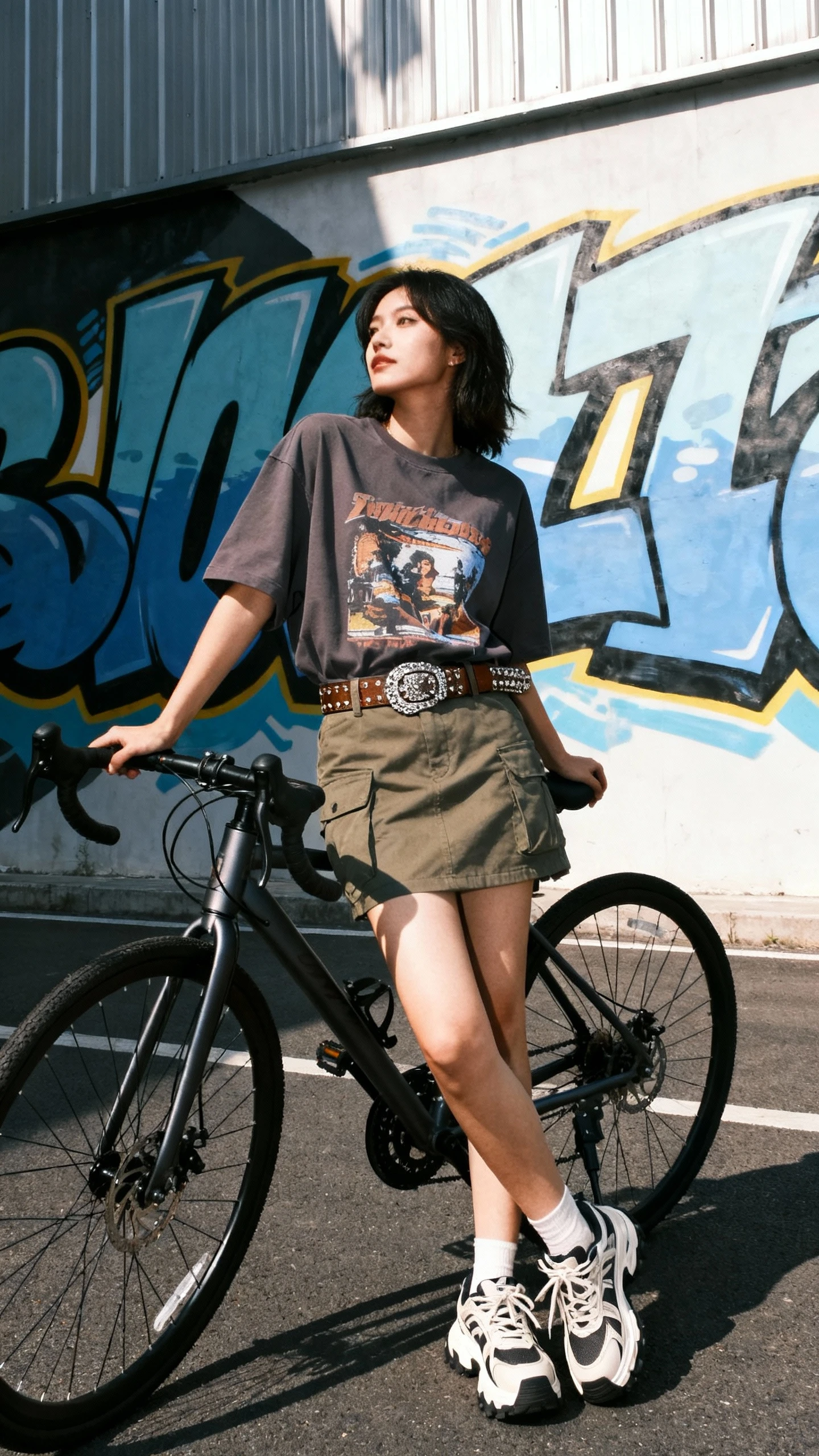 Candid street photo of a woman in a boxy graphic tee, cargo skirt, and a statement belt with chunky sneakers, leaning on a bike outside a mural, face in shadow, bright daylight, iPhone aesthetic.