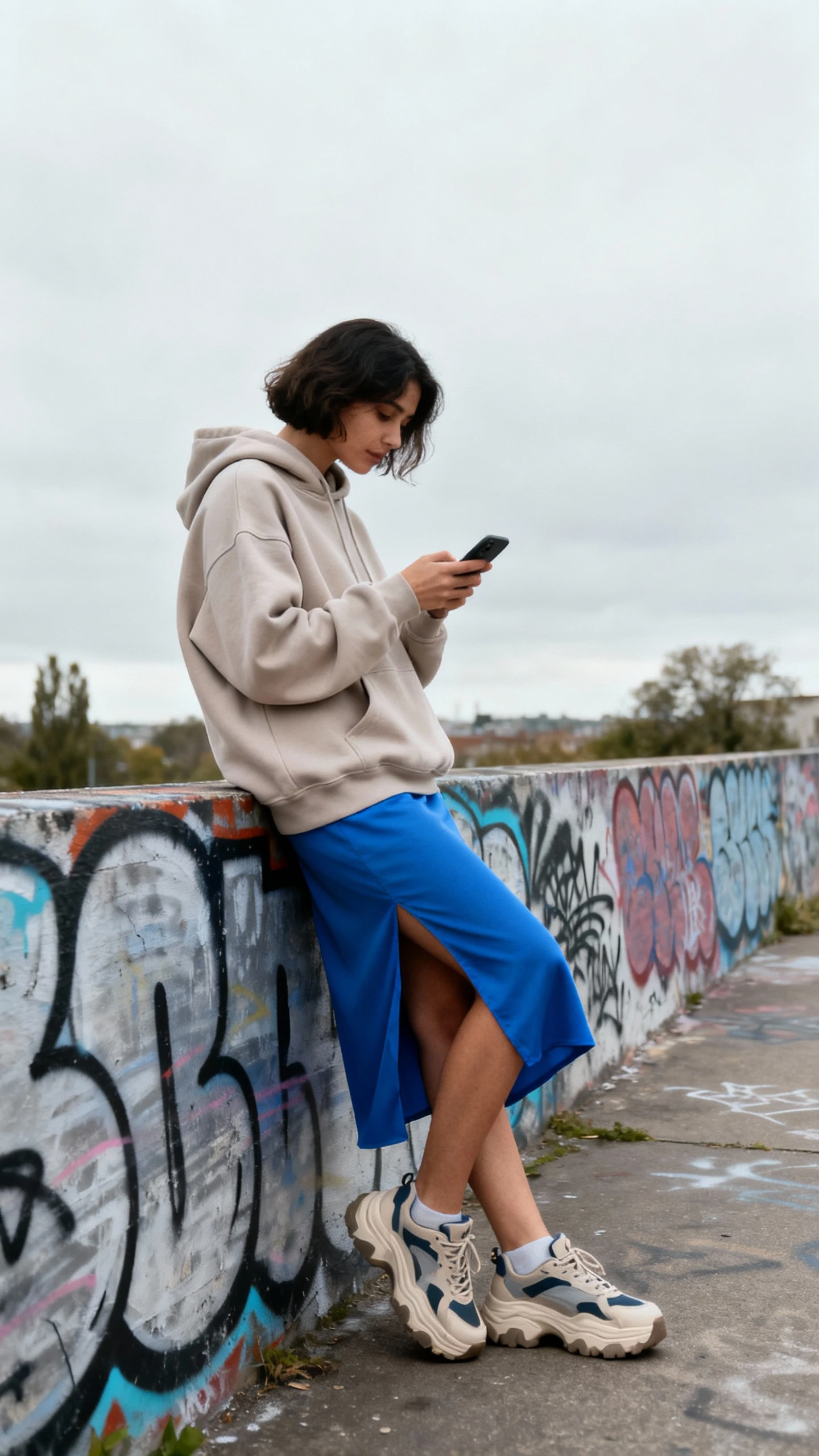 Candid street photo of a woman wearing an oversized hoodie with a blue slip skirt and chunky sneakers, leaning on a graffiti wall while checking her phone, face looking away, overcast daylight, iPhone photo quality.