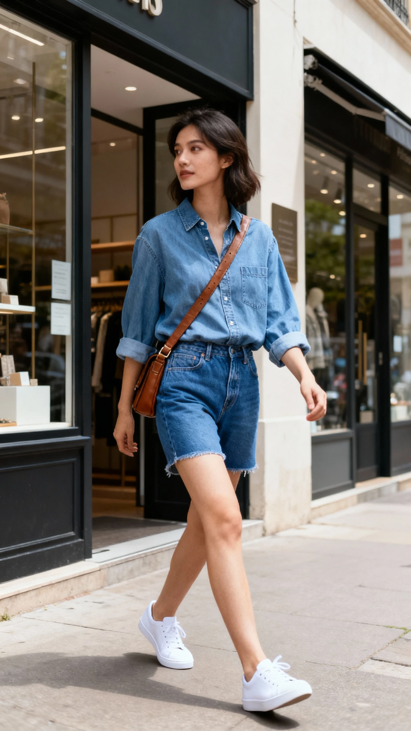 Candid street shot of a woman in denim-on-denim: relaxed chambray shirt over classic blue jean shorts, white low-top sneakers, and a leather crossbody, walking past storefronts, face looking away, natural daylight, iPhone aesthetic.
