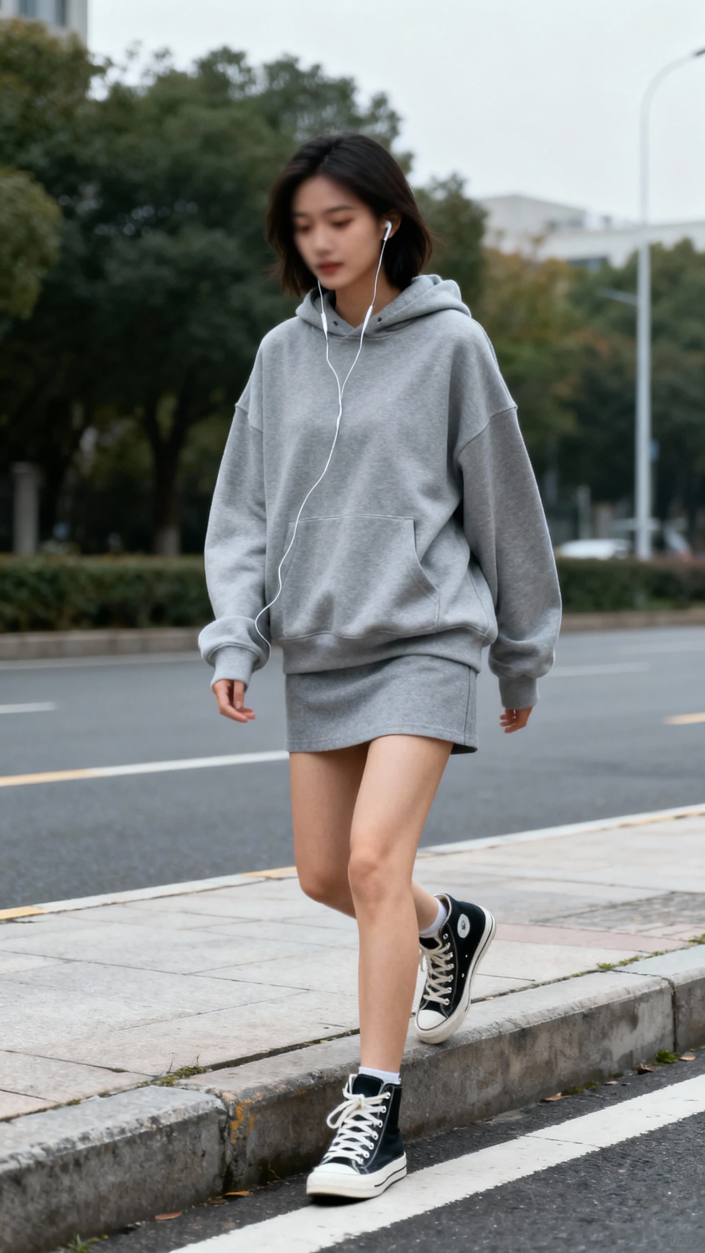 Candid street-style shot of a woman in a grey mini skirt, oversized hoodie, and high-top sneakers, stepping off a curb with earbuds in, face slightly blurred, overcast daylight, iPhone photo quality.