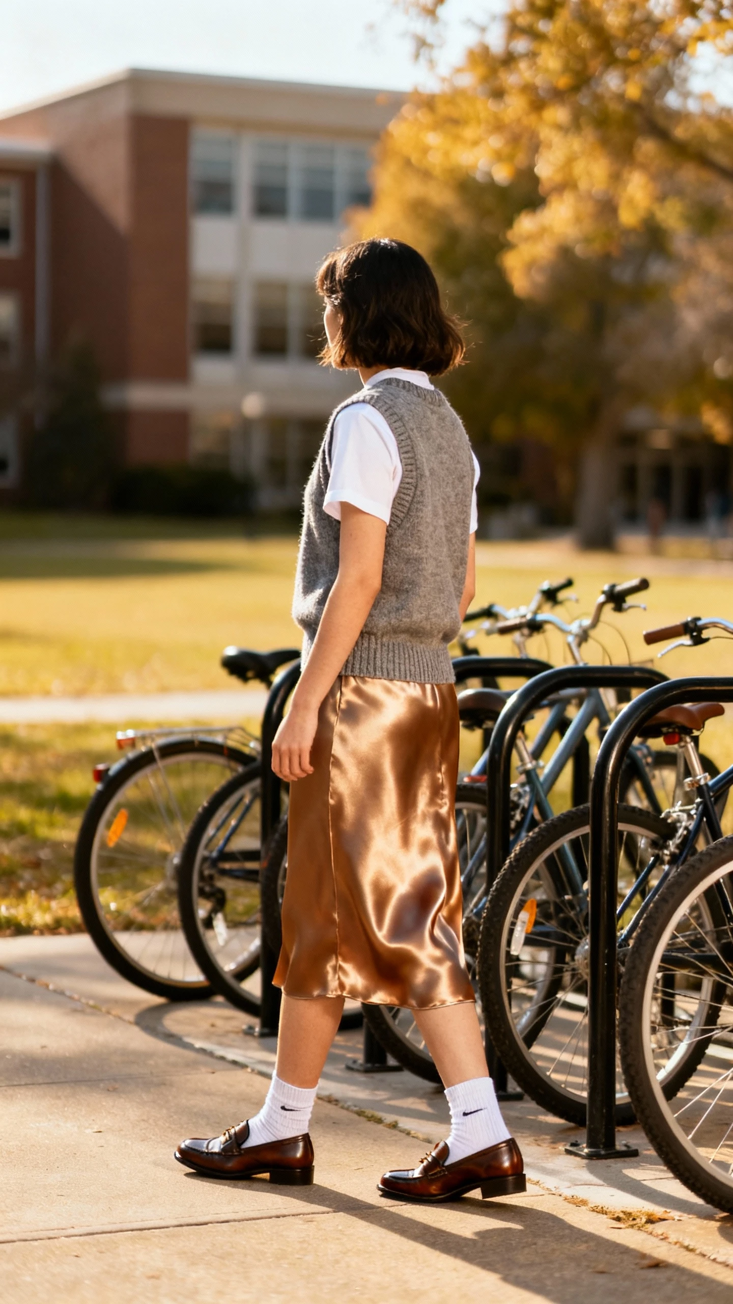 Casual campus-style photo of a woman in a sweater vest over a crisp tee with a satin skirt, penny loafers and socks, standing by a bike rack, face looking away, soft daylight, iPhone candid.