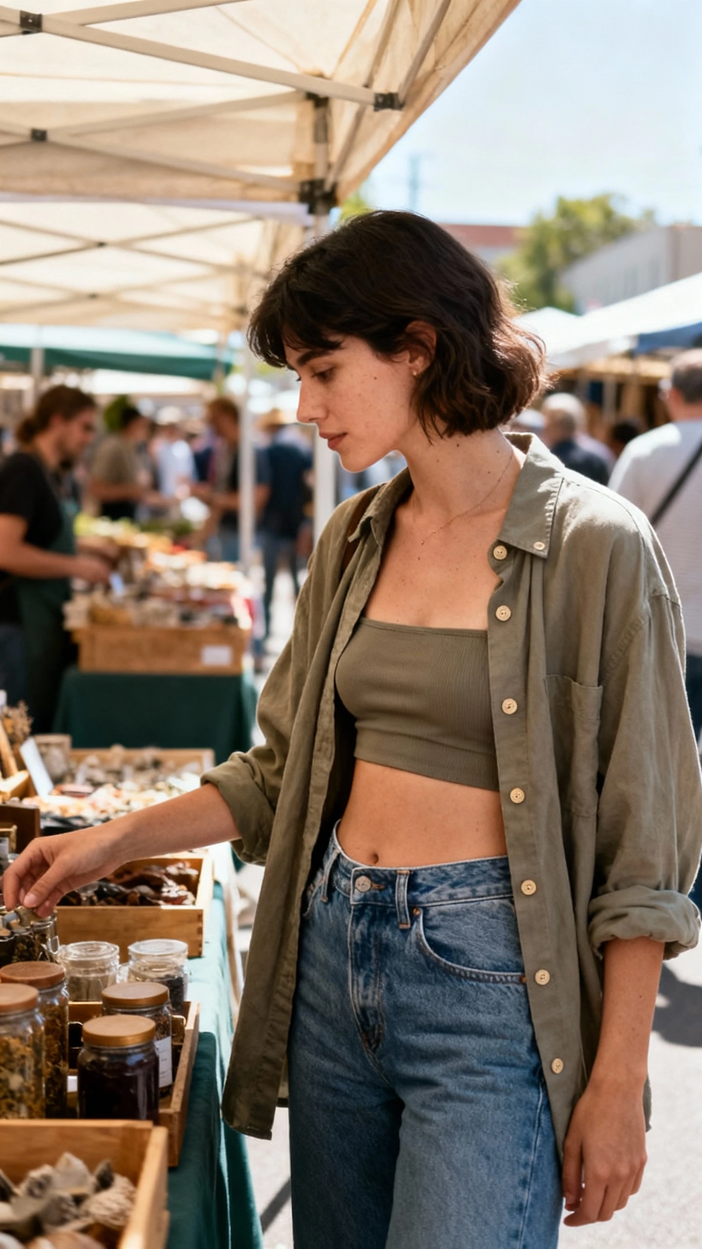Casual candid of a woman in low-waist jeans with an oversized button-up layered over a tube top, browsing a weekend market, face in profile, natural daylight, iPhone photo quality.
