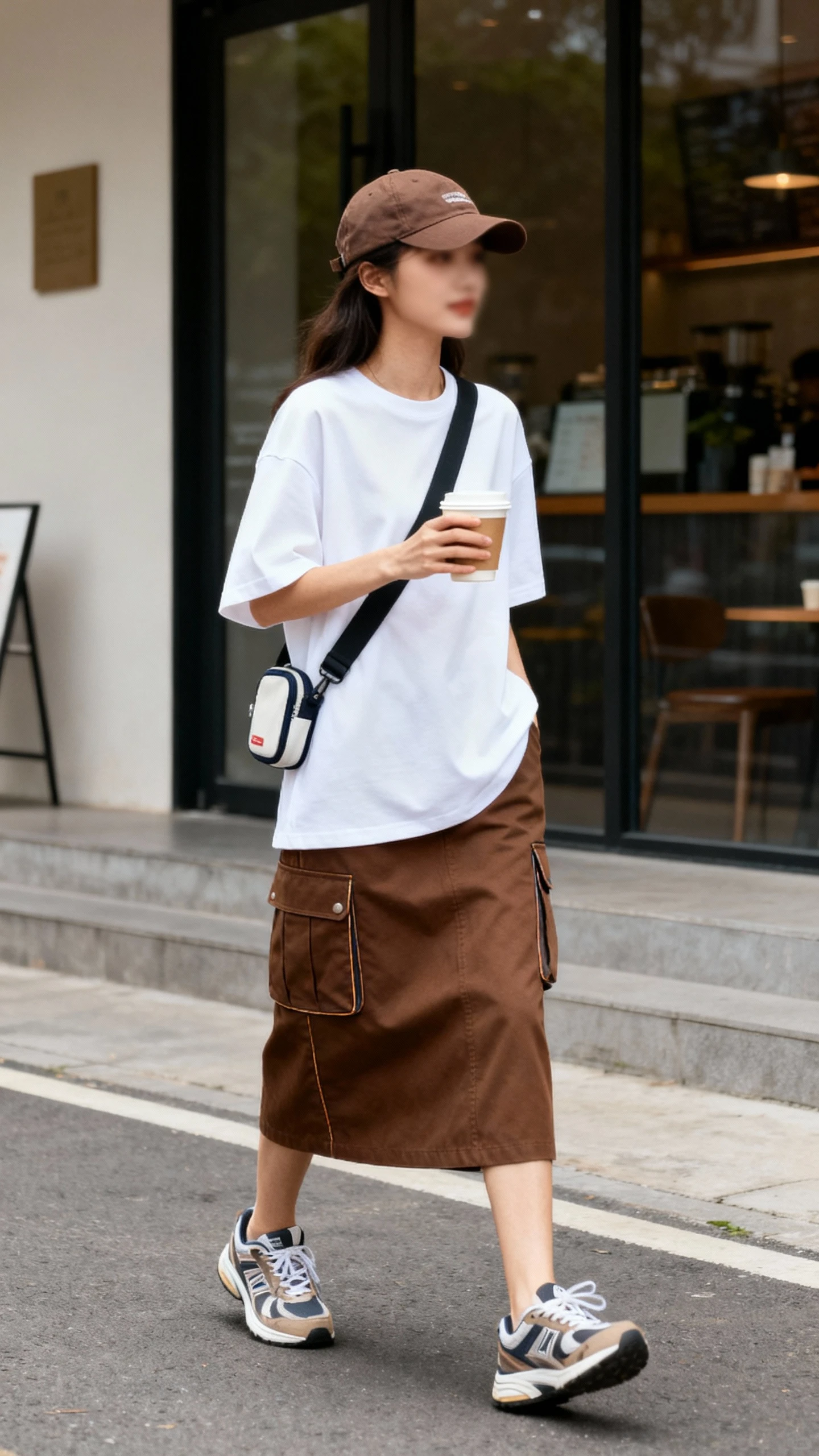 Casual sporty candid of a woman in a brown cargo midi skirt with side pockets, boxy white tee, retro trainers, sporty crossbody, and a dad hat, grabbing coffee to-go, face slightly blurred, natural daylight, iPhone photo quality.
