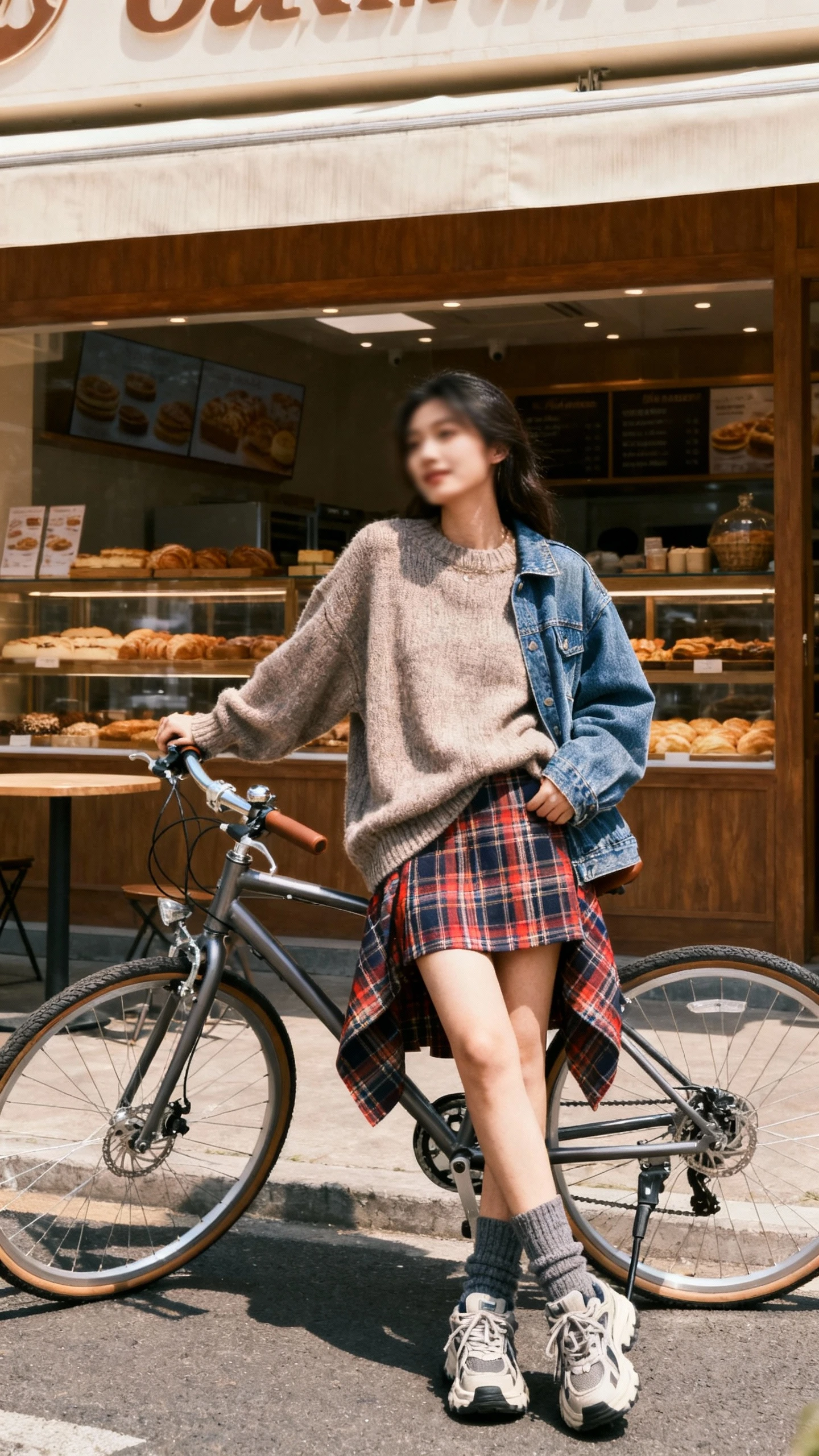 Casual weekend candid of a woman in a plaid skirt layered with a slouchy sweater and a denim jacket, chunky socks and sneakers, leaning on a bike near a bakery, face slightly blurred, sunny daylight, iPhone vibe.