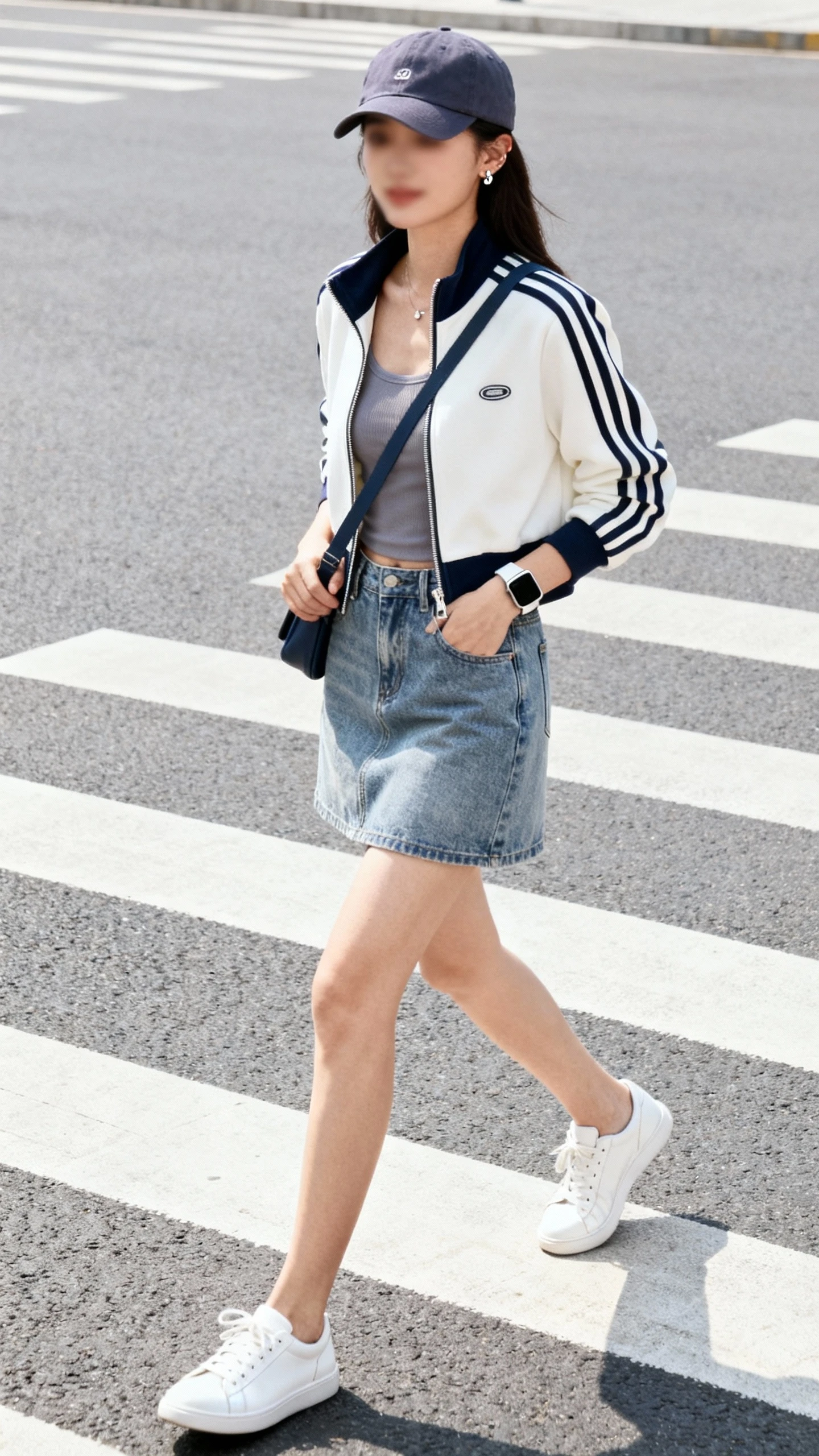 City-walk candid of a woman in a zip-up track jacket with contrast stripes over a fitted tank, medium-wash denim mini skirt, white leather sneakers, sporty crossbody, baseball cap, minimalist studs and smartwatch, crossing a crosswalk, face slightly blurred, bright daylight, iPhone photo quality.