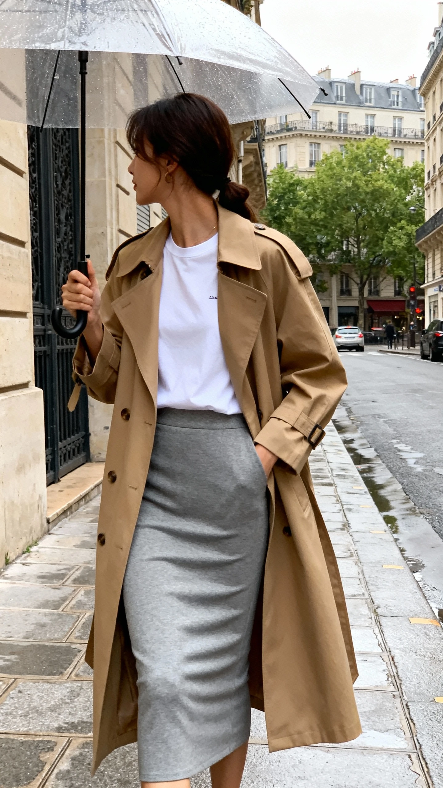 Clean lines candid of a woman in a grey column skirt, crisp white tee, and classic tan trench, holding an umbrella on a city sidewalk, face turned away, diffused daylight, iPhone photo quality.